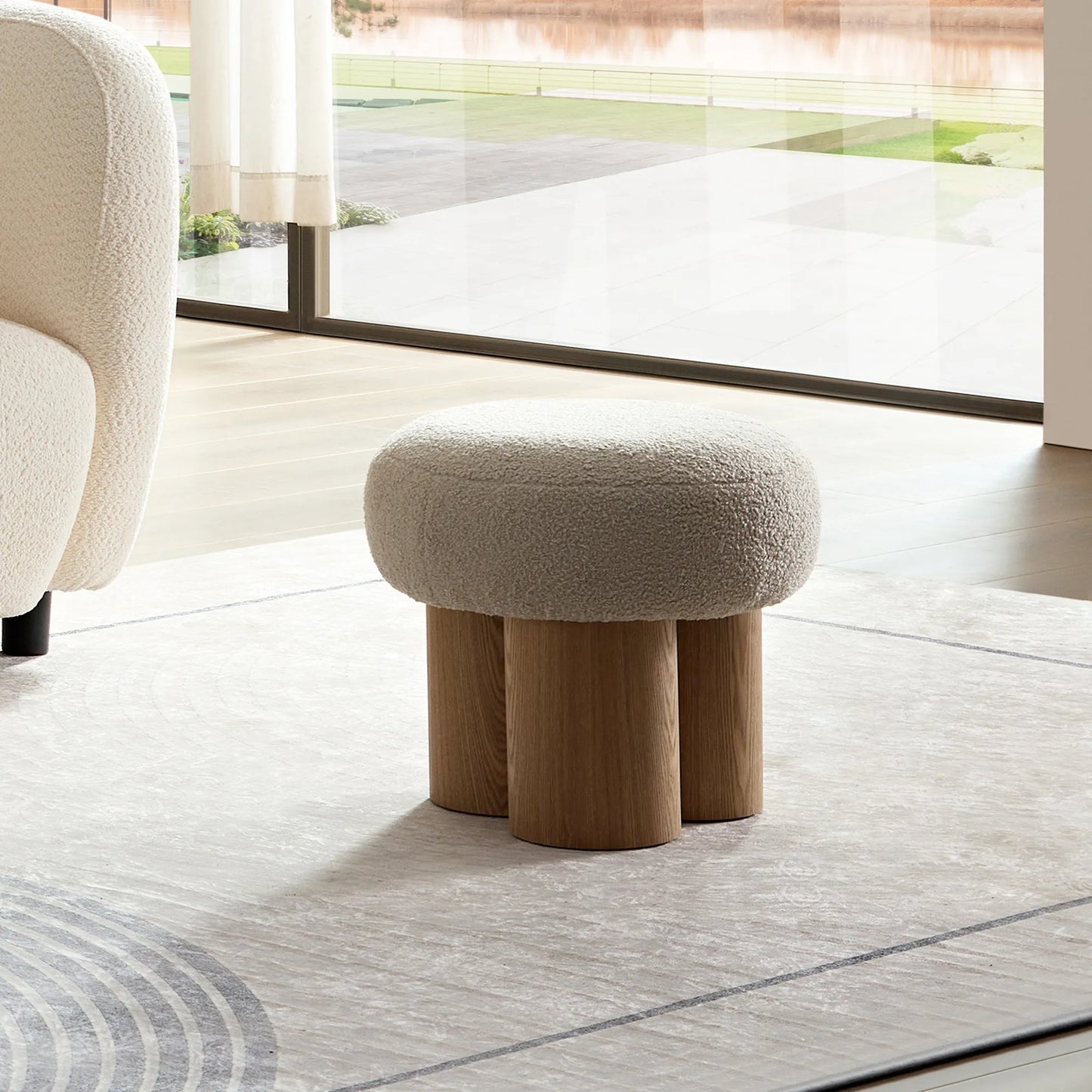 Mushroom Stool with Greige Plush Cushion, Wooden Barrel PVC Pipe, Walnut Finish – view 5