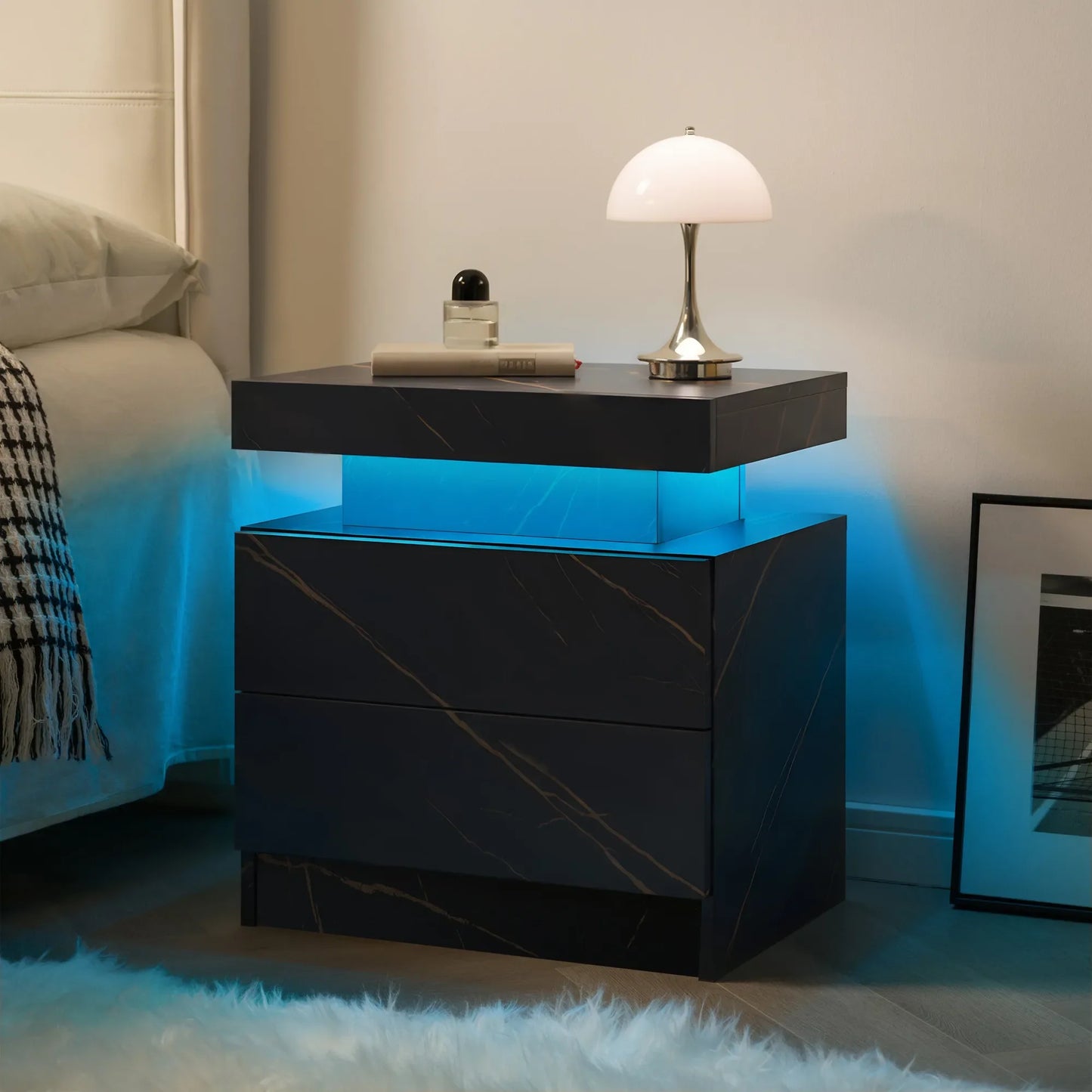 Nightstand LED Bedside Table Cabinet Lights Modern End Side with 2 Drawers for Bedroom (Black Gold) – view 5