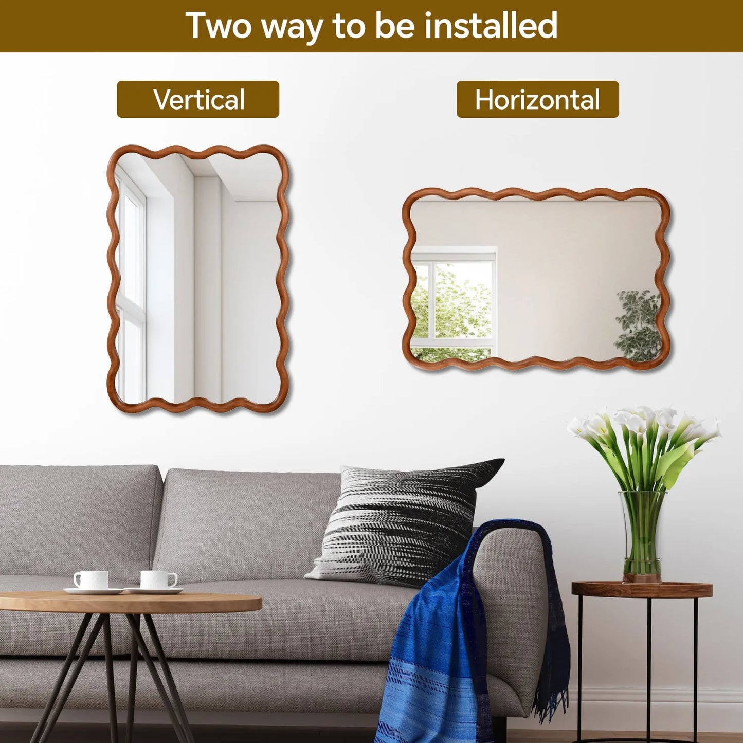Yellowish Brown 24'x36' Wavy Rectangle Solid Wood Frame Decorative Mirror,For Bedroom, Bathroom, Living Room, Entryway – view 5