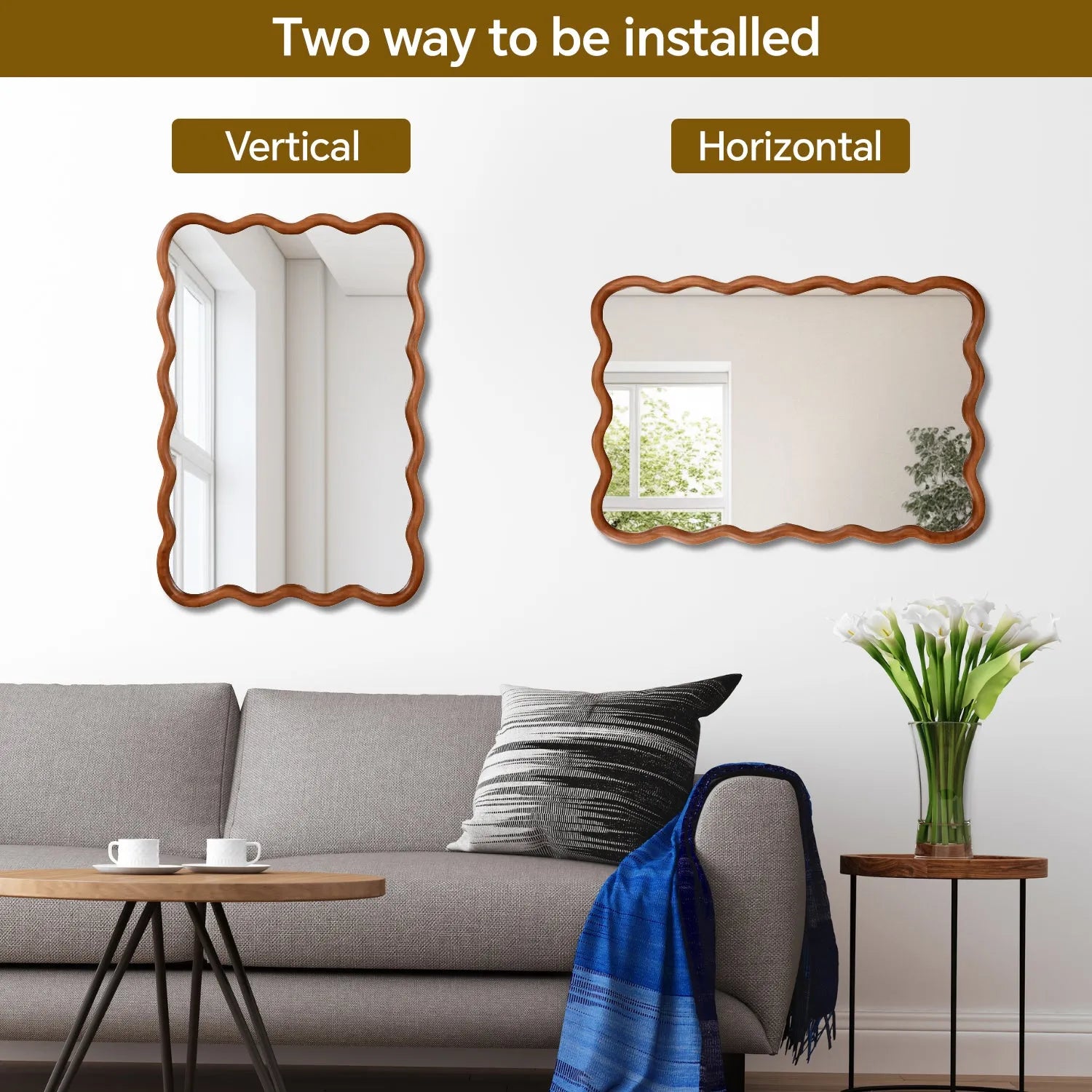 Yellowish Brown 24'x36' Wavy Rectangle Solid Wood Frame Decorative Mirror,For Bedroom, Bathroom, Living Room, Entryway – view 5