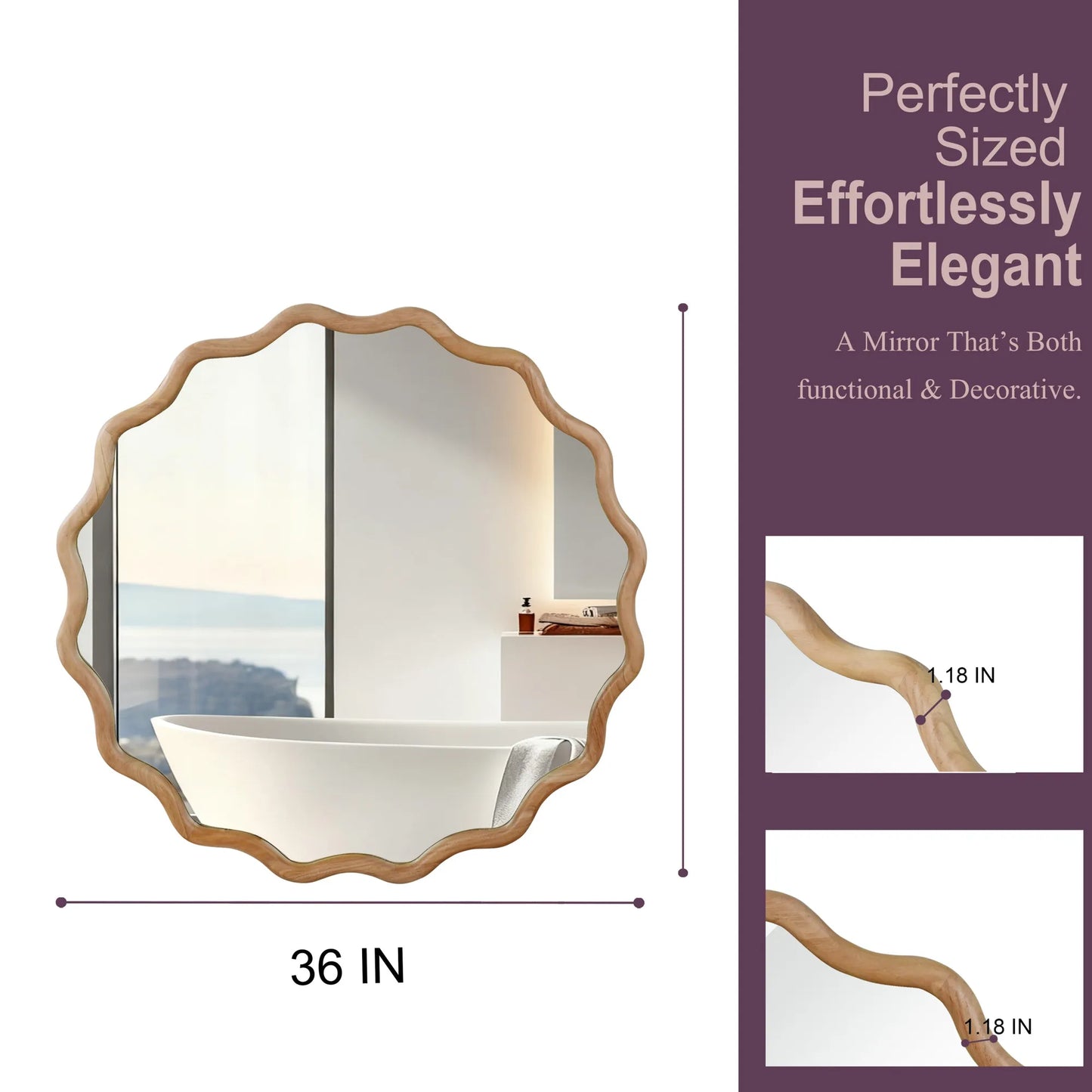 Natural Wood Color 36 inch Wavy Round Solid Wood Frame Decorative Mirror,For Bedroom, Bathroom, Living Room, Entryway – view 5