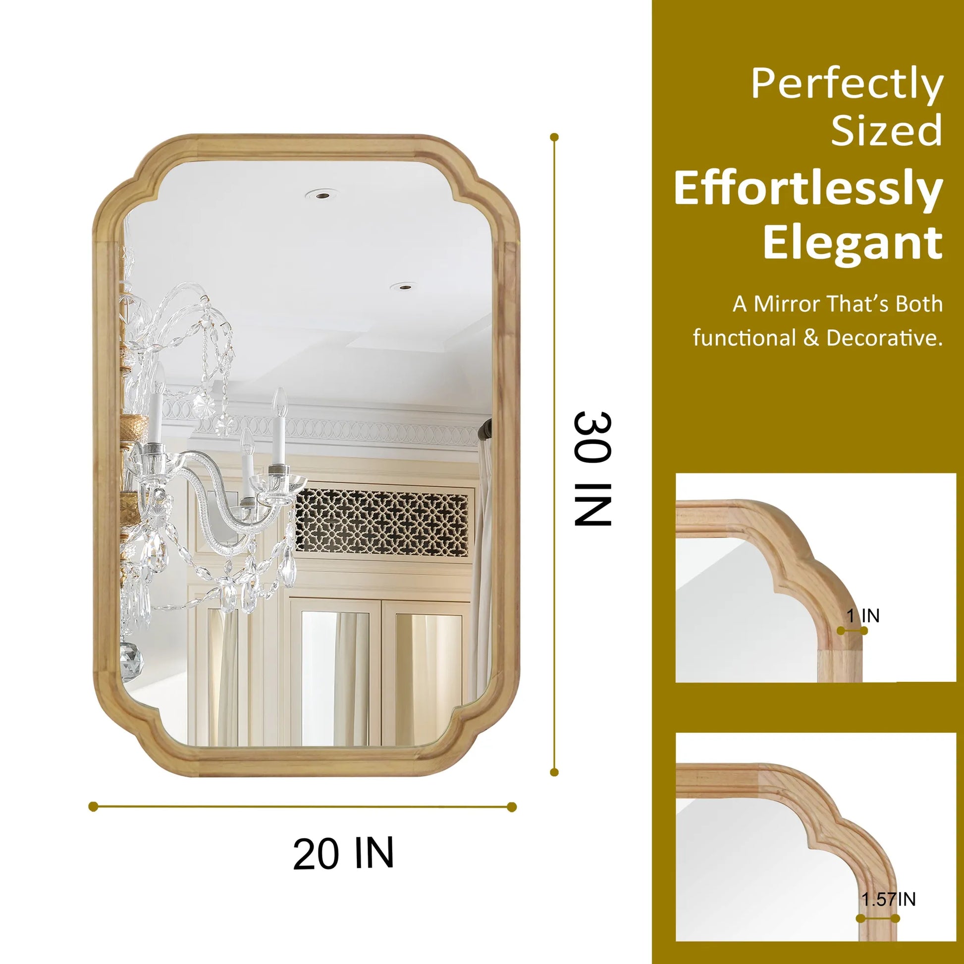 Natural Wood Color 20' x 30' Solid Wood Frame Rounded Corner Decorative Mirror, For Bedroom, Bathroom, Living Room, Entryway – view 5