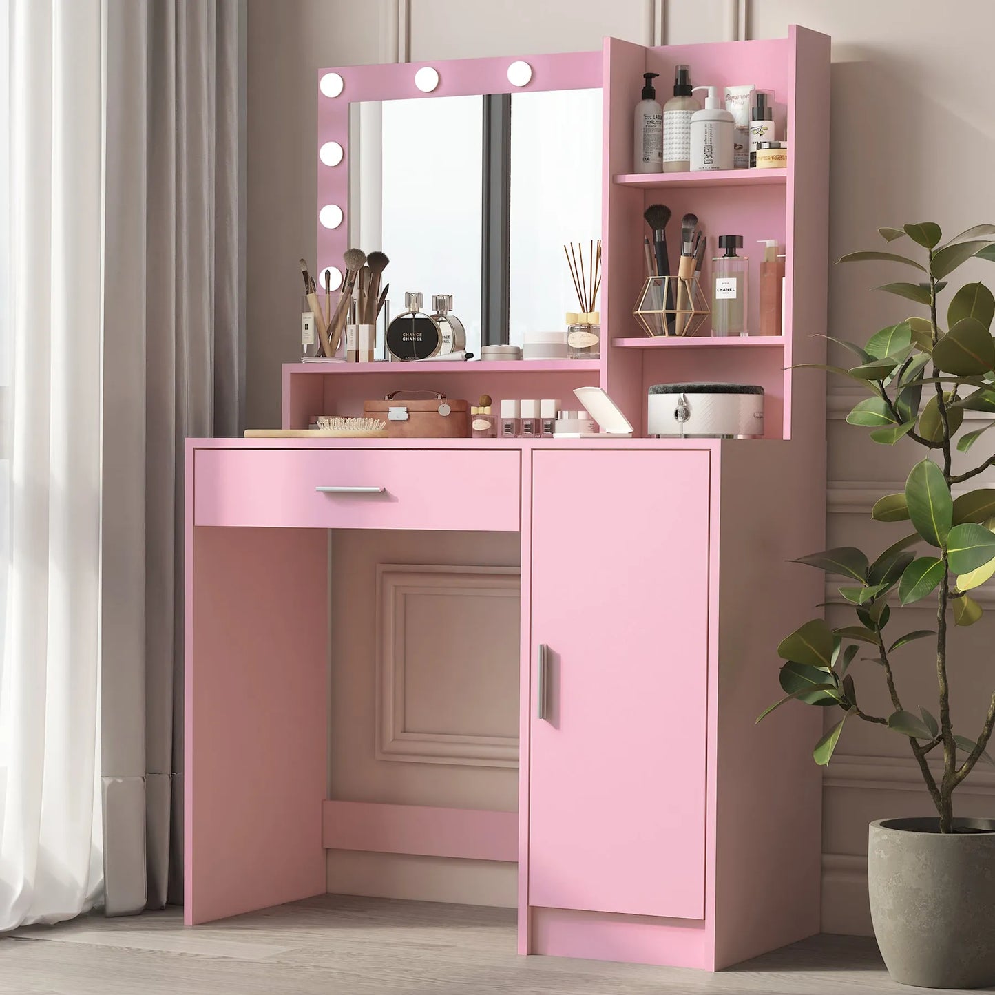Vanity Desk with Mirror & Light, Large Drawer Three Level Storage Dresser, 3 Lighting Modes Adjustable Brightness, Bedroom Dressing Table(Pink) – view 5