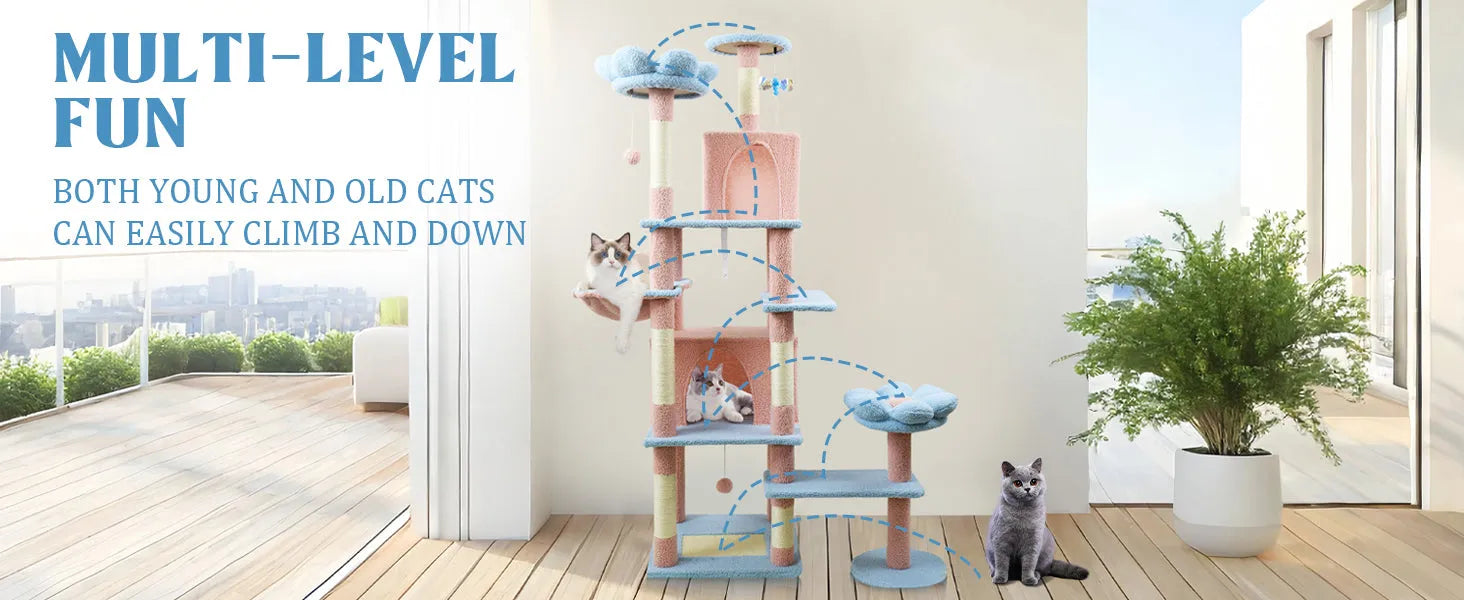 71 inch flower cat tree with large condo removable flower cushion and hammock blue – view 5