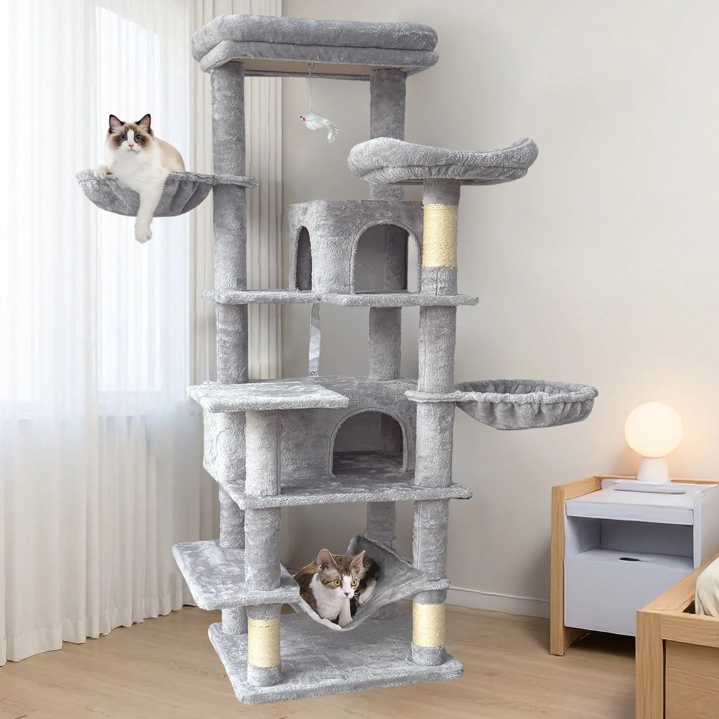 68in Tall Multi-Level Green Cat Tree with Hammocks, Hanging Basket, Cat Cave, Removeable Cushion, Scratching Posts - Plush Cat Tower for Indoor Cats – view 5