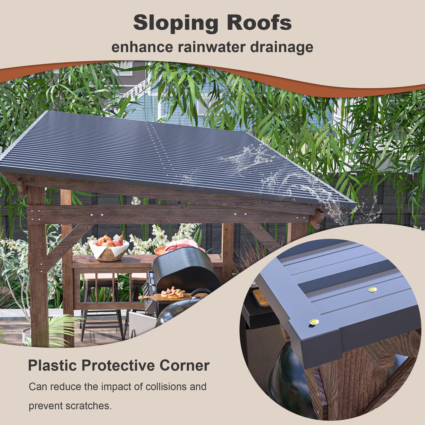 13' x 6.5' Wooden Pergola Grill Gazebo with Metal Roof & Bulbs & Bar Counters – view 5