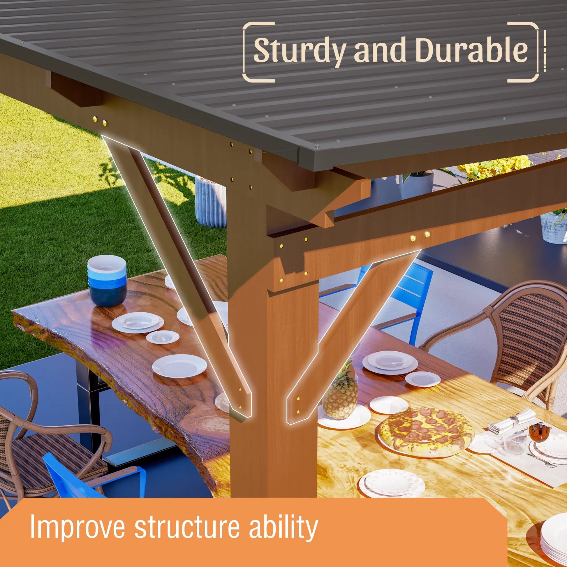 13x10ft Wooden Garden Gazebo with Metal Roof, Spacious Outdoor Patio Shade Structure for Backyard & Garden – view 5