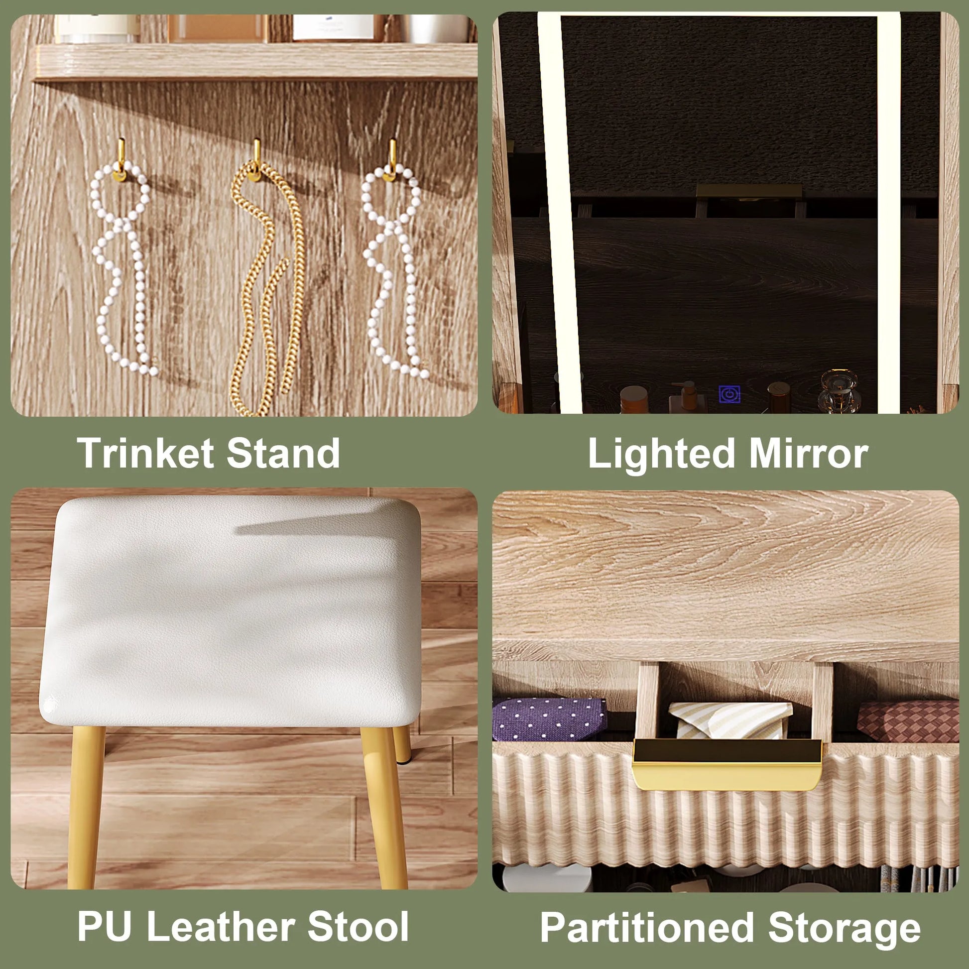 7-Drawer Vanity Desk with LED Mirror & Carved Details, Fluted Makeup Table with Metal Legs and PU Stool, Carved Dressing Table with Jewelry Storage – view 5