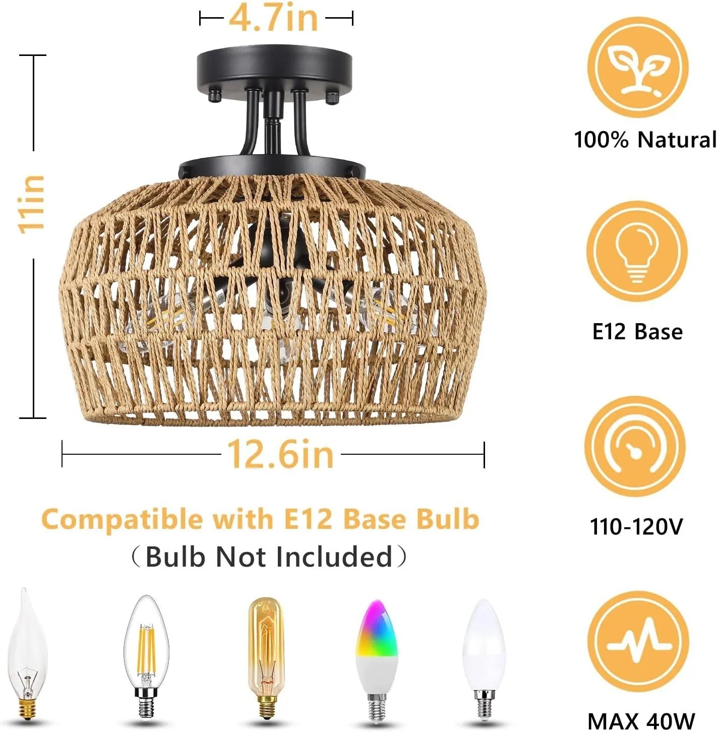 Semi Flush Mount Ceiling Light, Rattan Light Fixture Ceiling Mount with Handmade Wicker Lampshade, 3-Lights Boho Chandelier, Woven Close to Ceiling – view 5