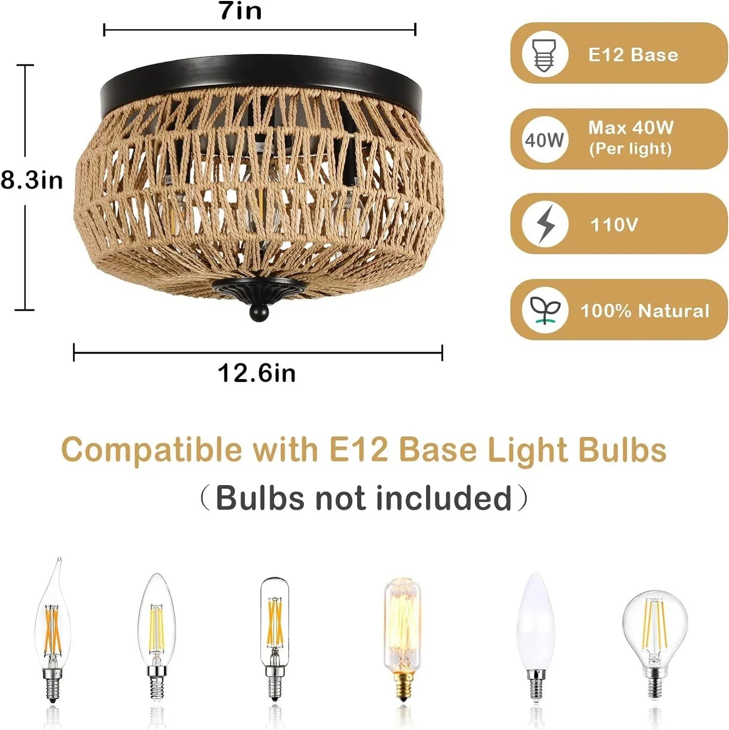 3-Lights Woven Rattan Flush Mount Ceiling Light Fixture with Hand-Worked Cage Shade for Bedroom, Kitchen, Foyer, Porch – view 5