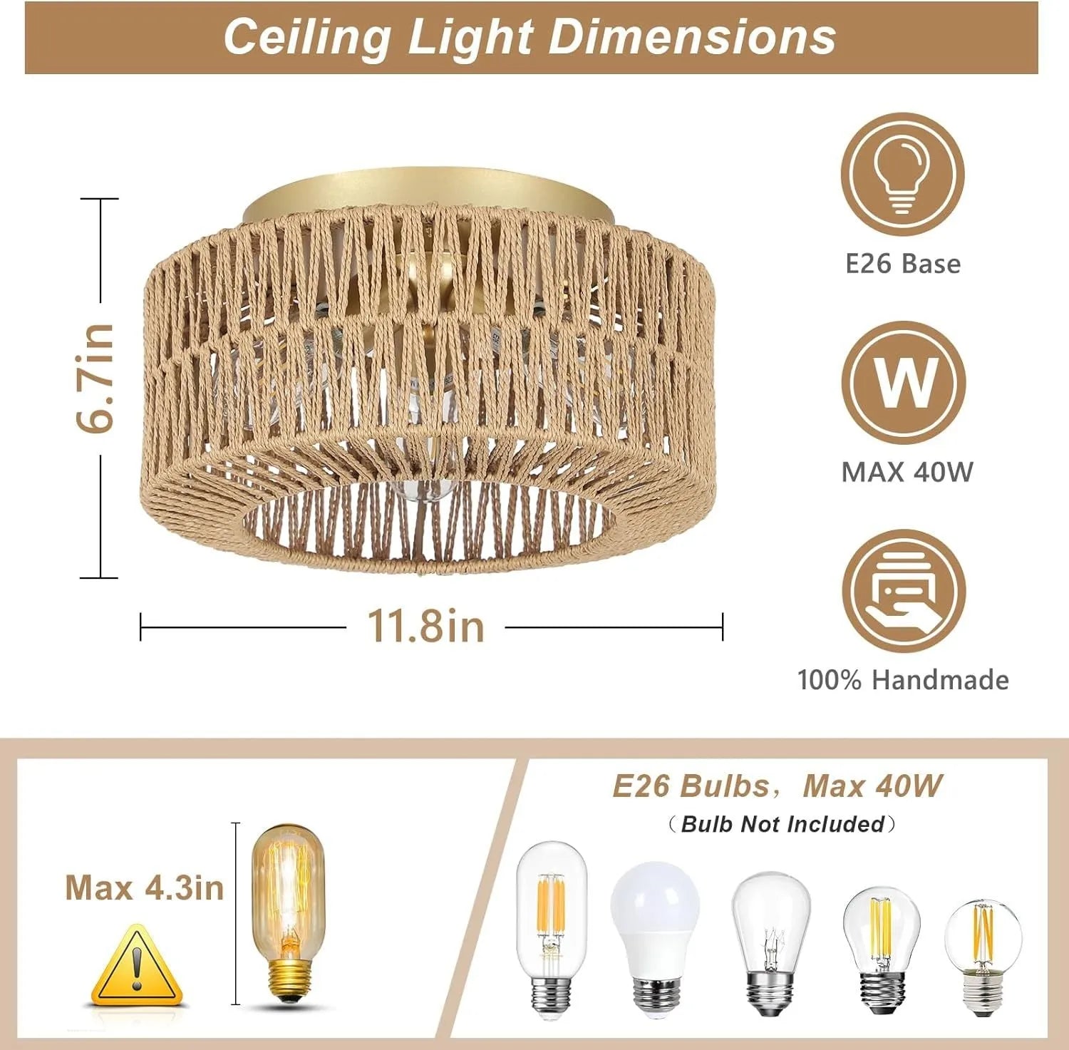 Boho Light Fixtures Ceiling Mount, 3-Light Farmhouse Rattan Ceiling Light Fixture, Flush Mount Ceiling Light with Hand-Woven Shade, Modern Chandelier – view 5