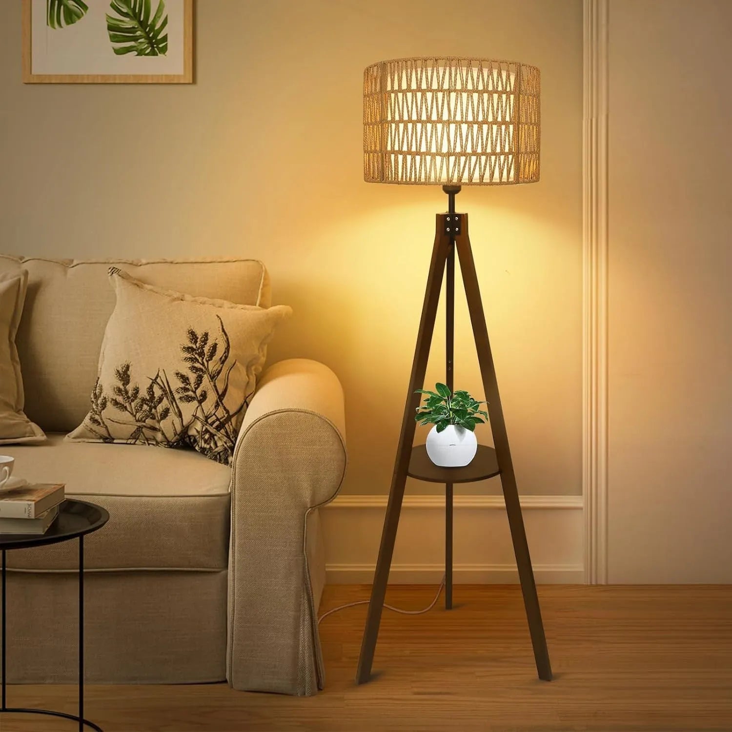 Boho Tripod Floor Lamp with Shelves, Mid Century Wood Standing Lamp with Rattan & Fabric Shades, ON/Off Foot Switch, Modern Farmhouse Tall Floor – view 5