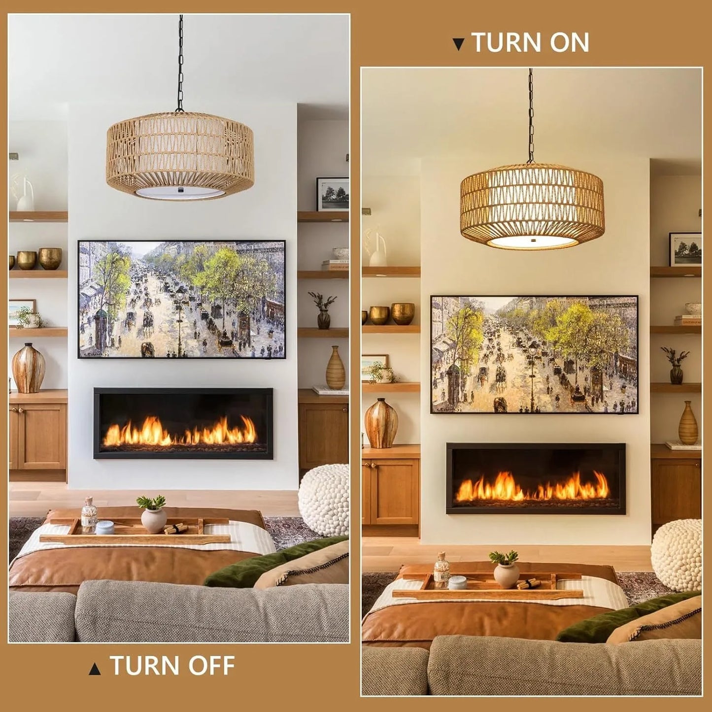 Farmhouse Chandelier Light Fixture,4-Light Rattan Boho Chandeliers for Dining Room with Fabric Shade,Hand Woven Large Rattan Dining Room Light – view 5