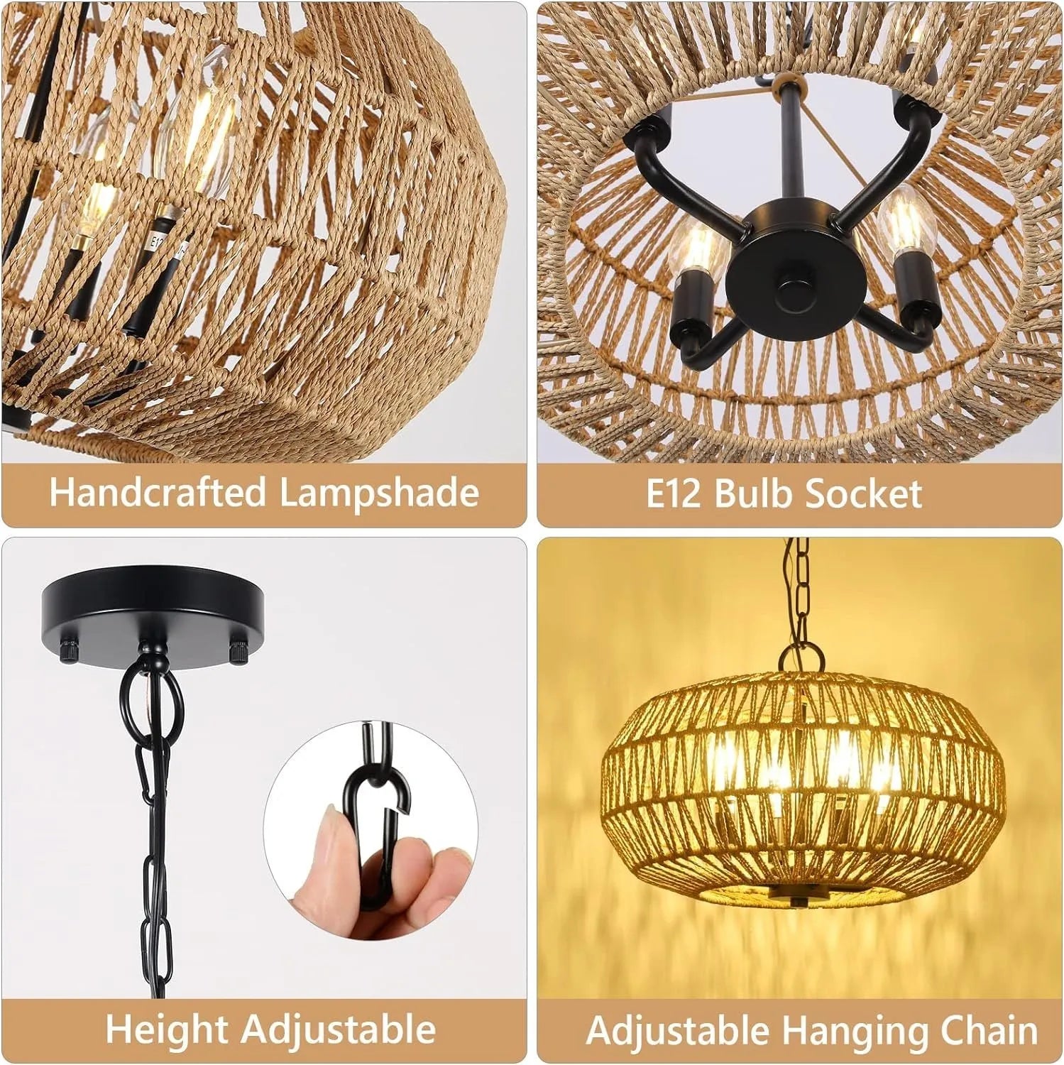 Farmhouse Rattan Pendant Lights, 15.7' 4-Light Boho Chandelier Light Fixture, Wicker Hand Woven Basket Pendant Hanging for Dining Room Living Room – view 5