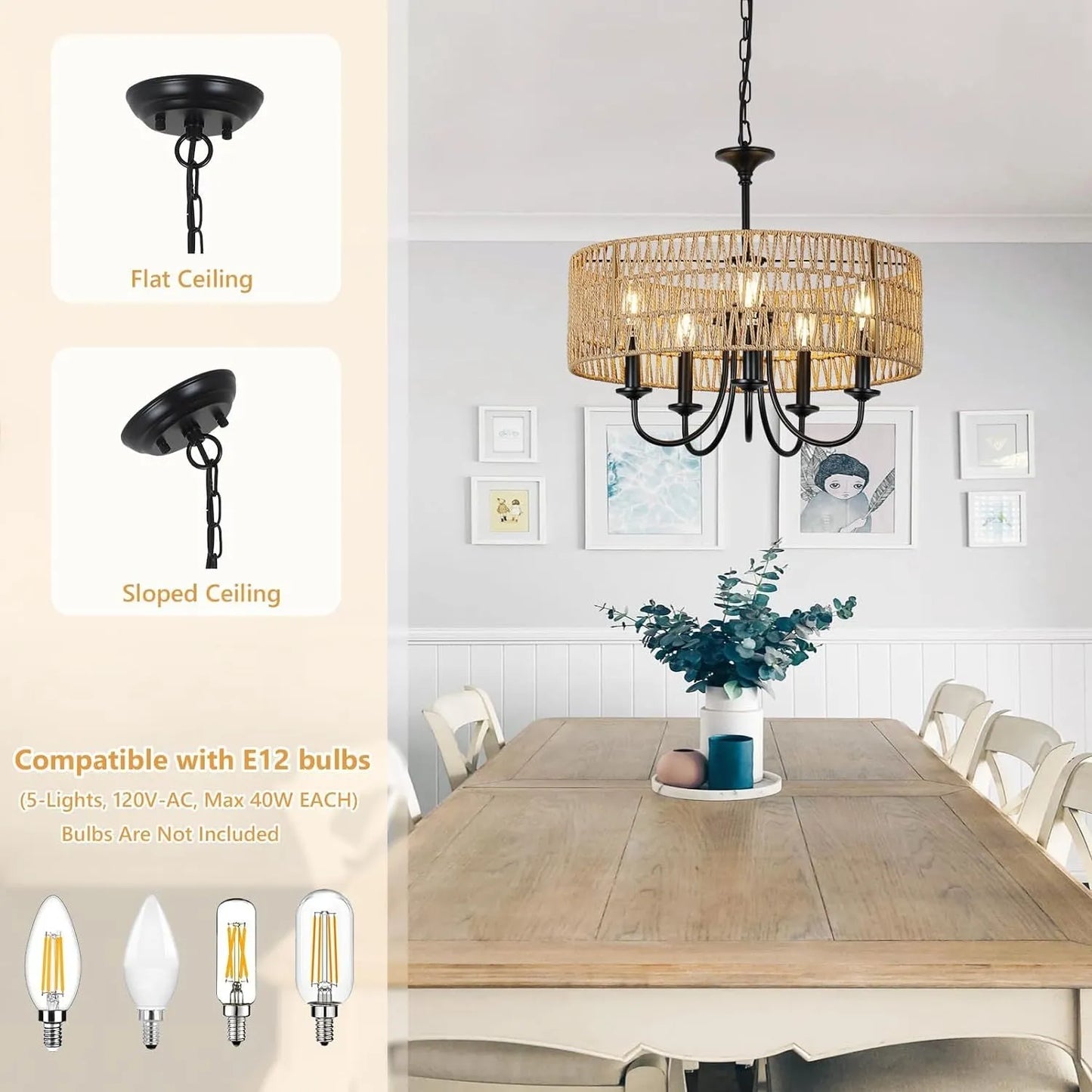 Modern Farmhouse Chandelier Light Fixtures, 5-Lights Large Rattan Pendant Lighting with Hand Woven Wicker Shade, Boho Black Chandeliers for Dining – view 5