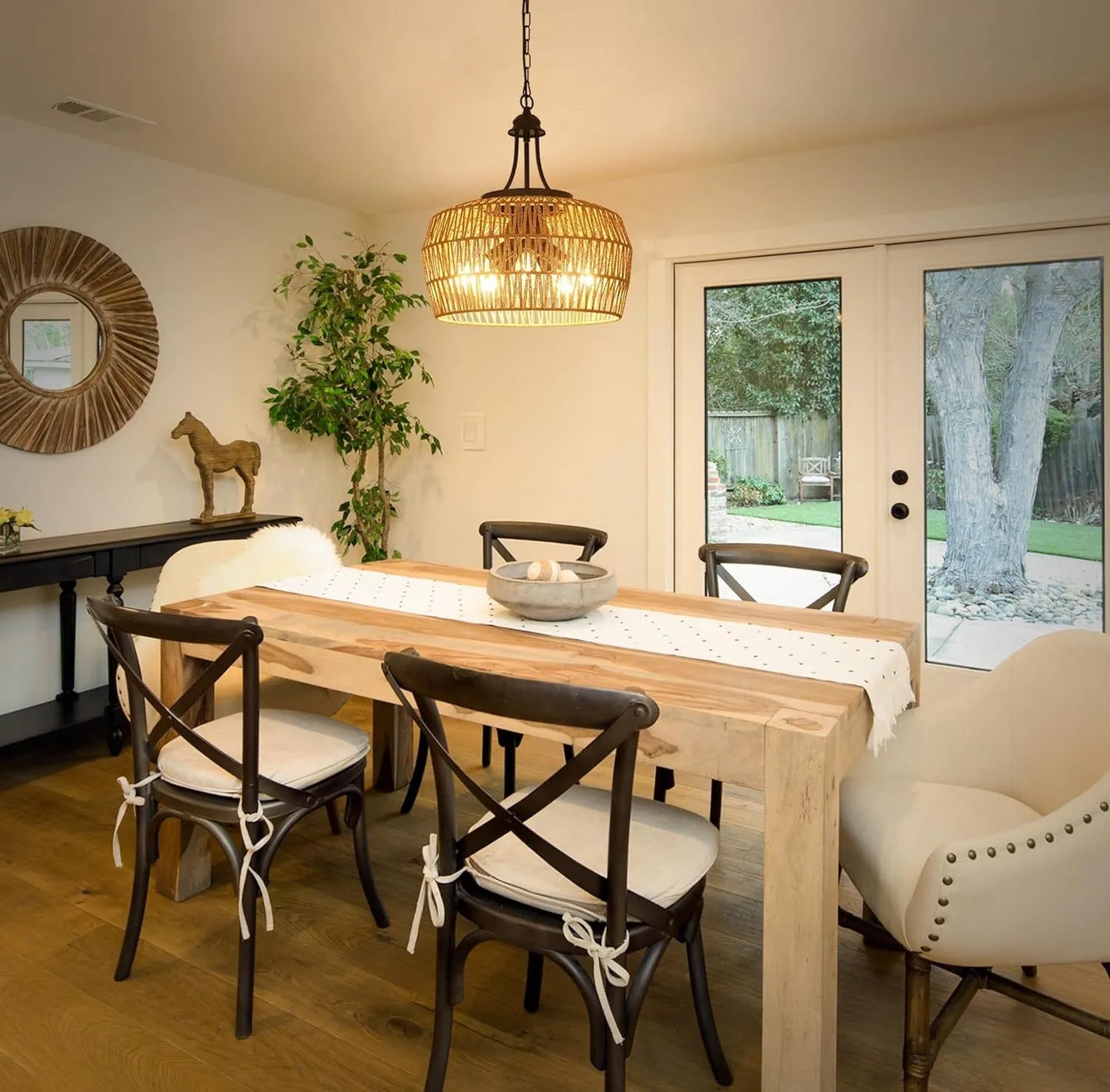 Large Farmhouse Chandeliers for Dining Room, 5-Light Rattan Boho Chandelier Light Fixture with Wicker Lampshade, Coastal Hanging Pendant Lighting for – view 5