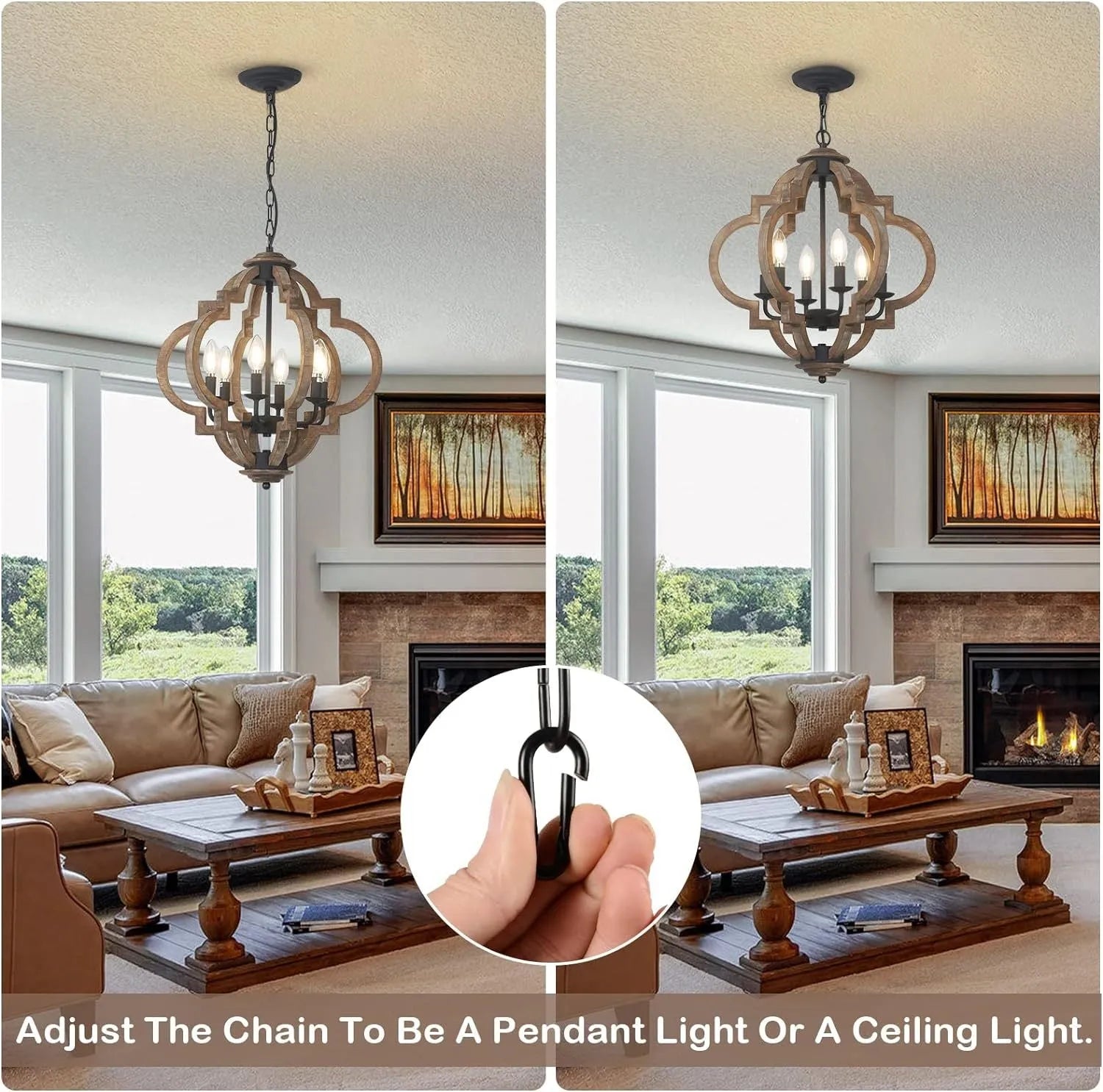 Farmhouse Chandeliers for Dining Room, 6-Light Rustic Dining Room Light Fixture Over Table, Wood Black Hanging Pendant Lights Kitchen Island, Boho – view 5