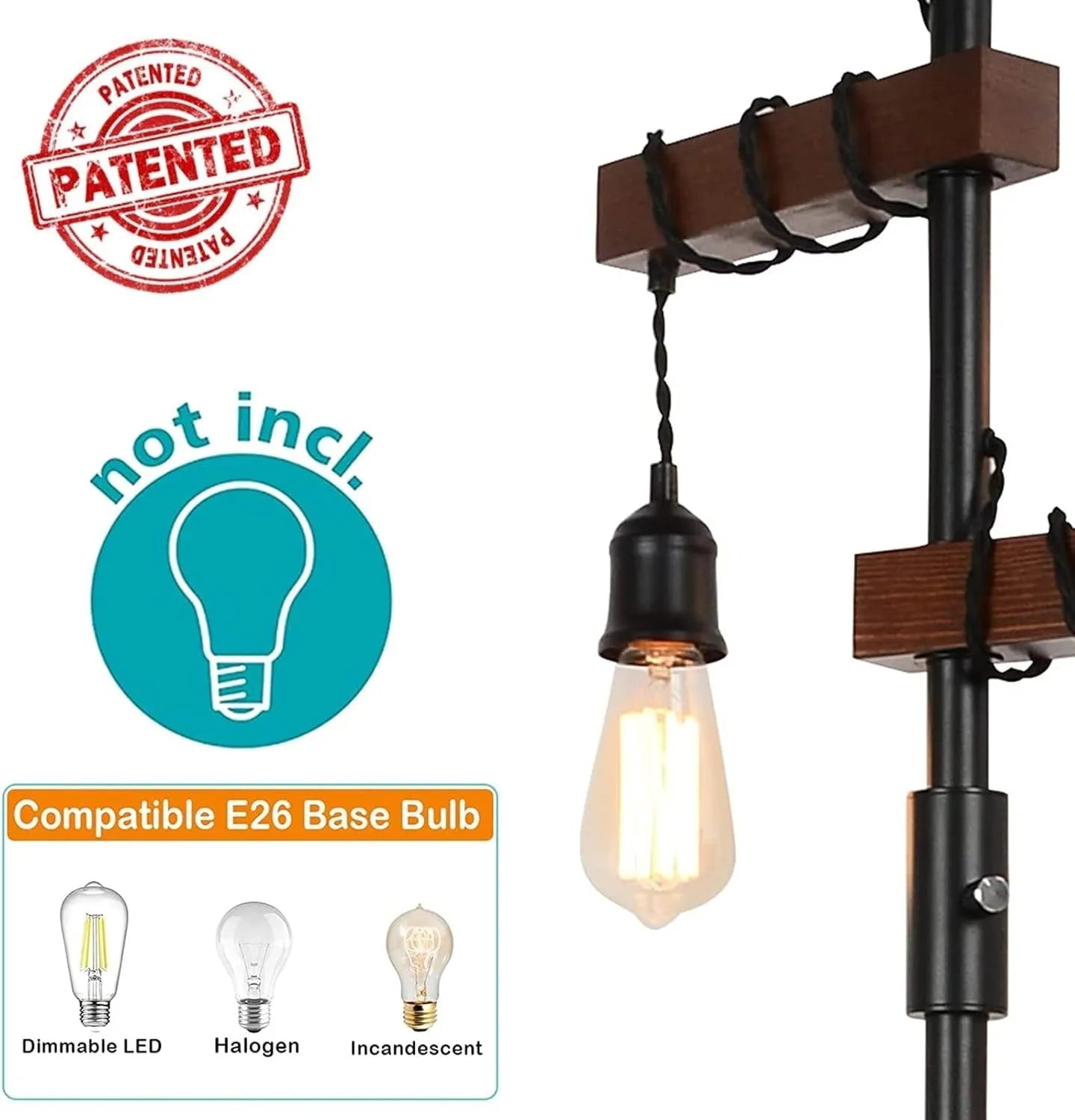 Dimmable Industrial Floor Lamp, Farmhouse Tree Floor Lamp, 68 Inch 3 Lights Wood Standing Lamp, Sturdy Base Tall Vintage Pole Light, Metal Black – view 5