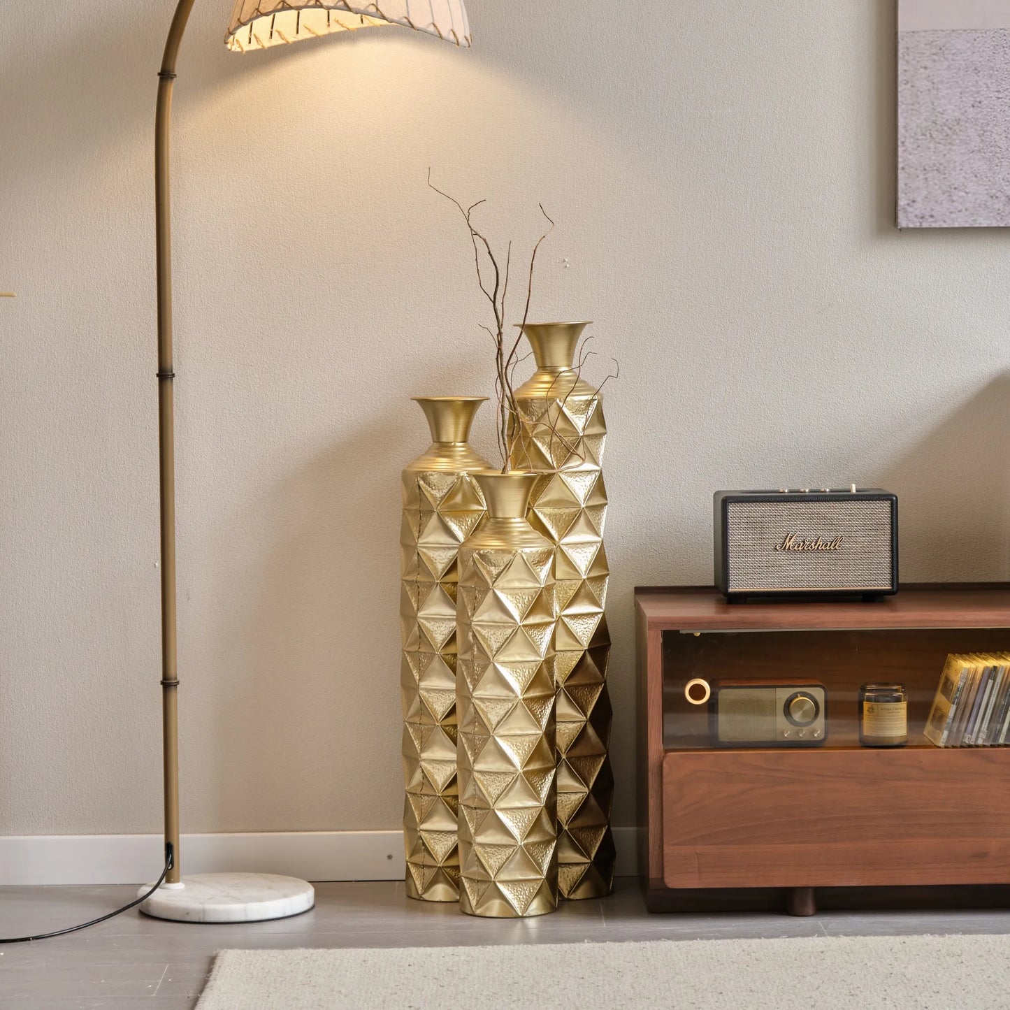 Metal Decorative Vase High Distress Metal Center Vase With 3D Triangle Pattern, Set Of 3 Vases for Home Decoration 33.5', 29.5', 25.2'High, Gold – view 5