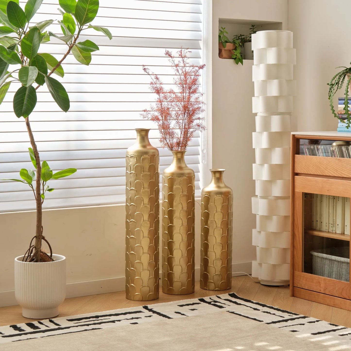 Floor Metal Vases Decorated White Metal Vases Set of 3 Gorgeous Home Decoration Large Glazed Metal Vases 25.2in/29.33in/34.25in Height – view 5