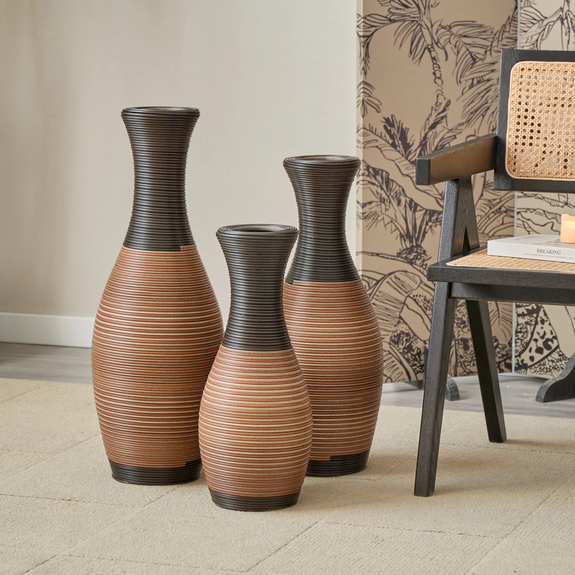 Set Of 3 Designer Floor Vases, Large Vases for Home Décor Flooring, Artificial Rattan Floor Vases, Brown Floor Vases for Living Rooms or Corridors – view 5