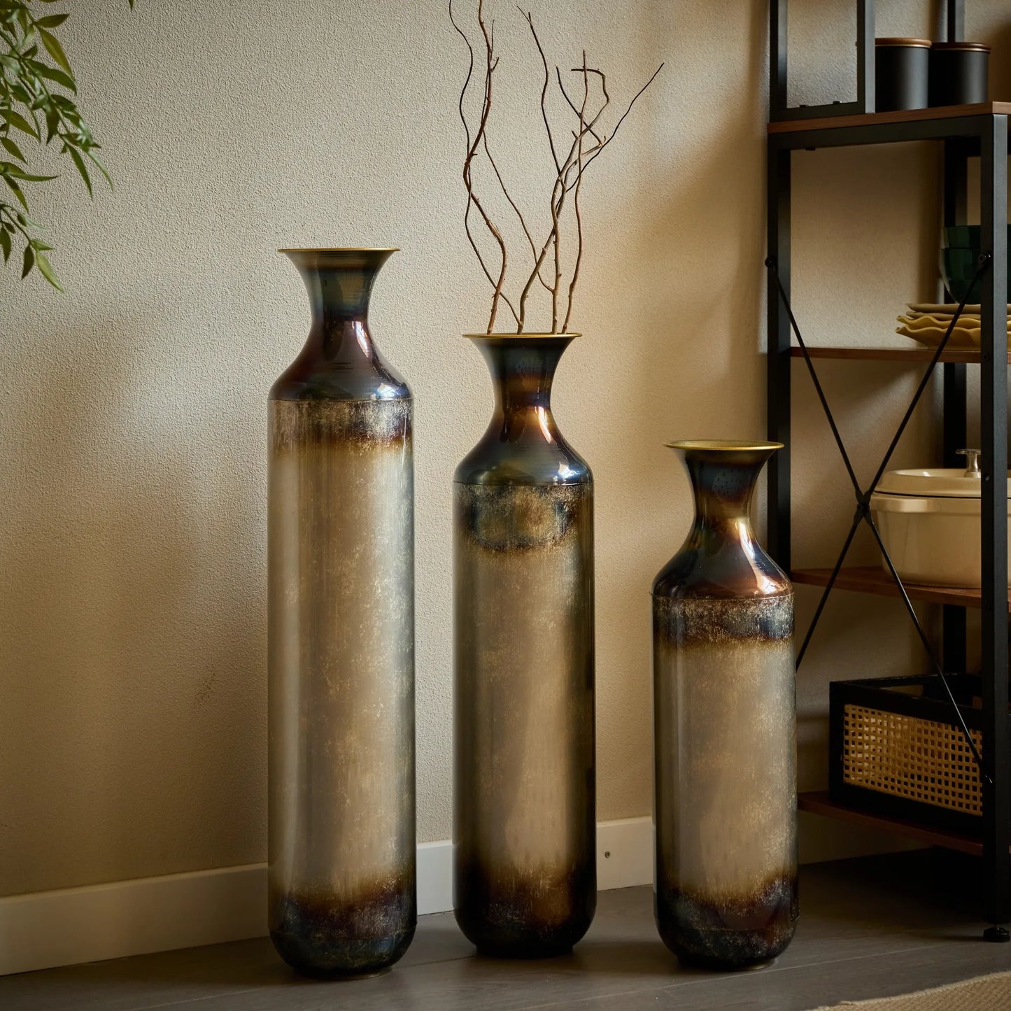 Modern Droplet-Shaped Floor Vase Set – Gold & White Glazed Metal Decorative Vases – 3-Piece Home Accent for Living Room or Entryway – view 5