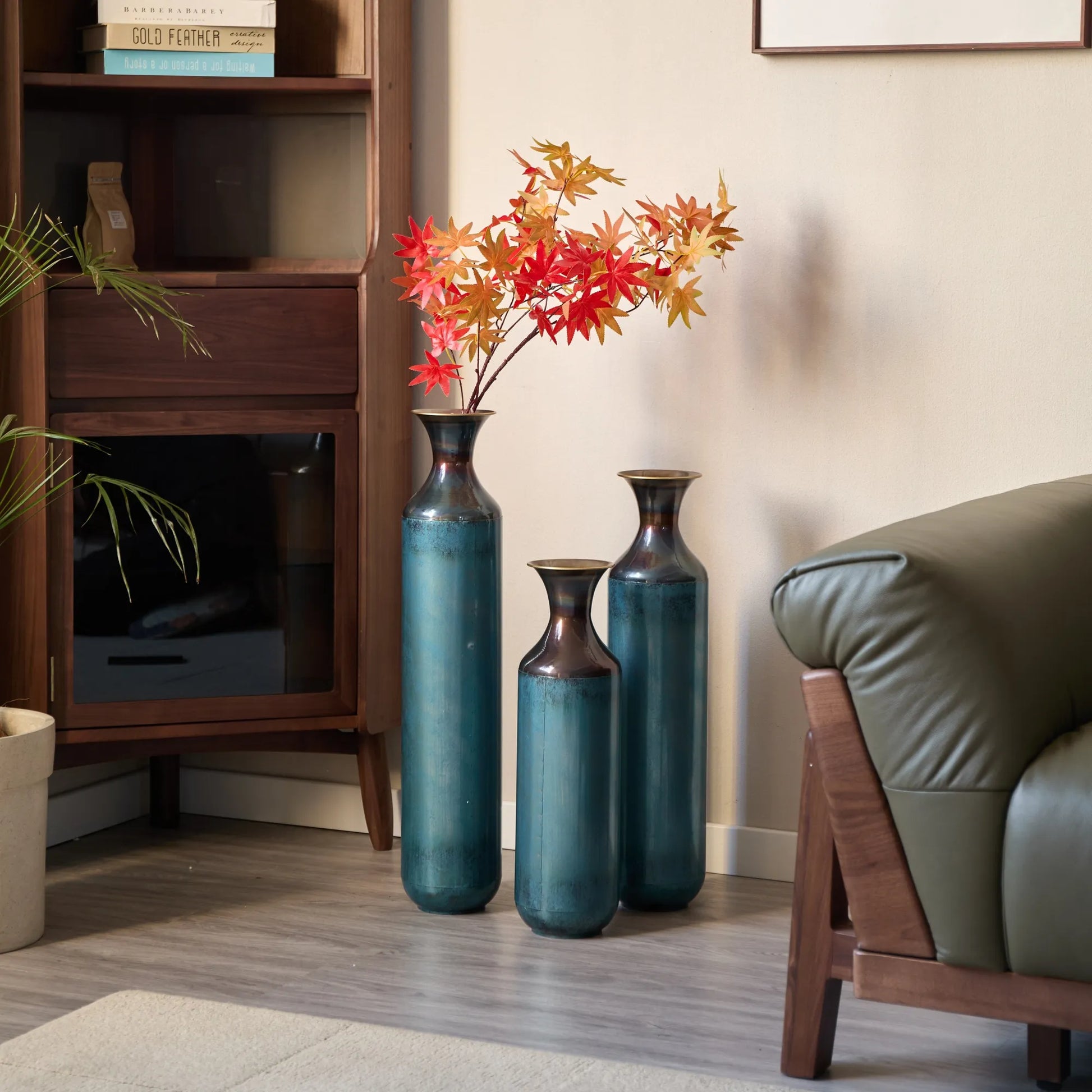 Modern Droplet-Shaped Floor Vase Set – Aqua Blue Glazed Metal Decorative Vases – 3-Piece Home Decor in 20.4 In, 24.4 In & 28.34 In Heights – view 5
