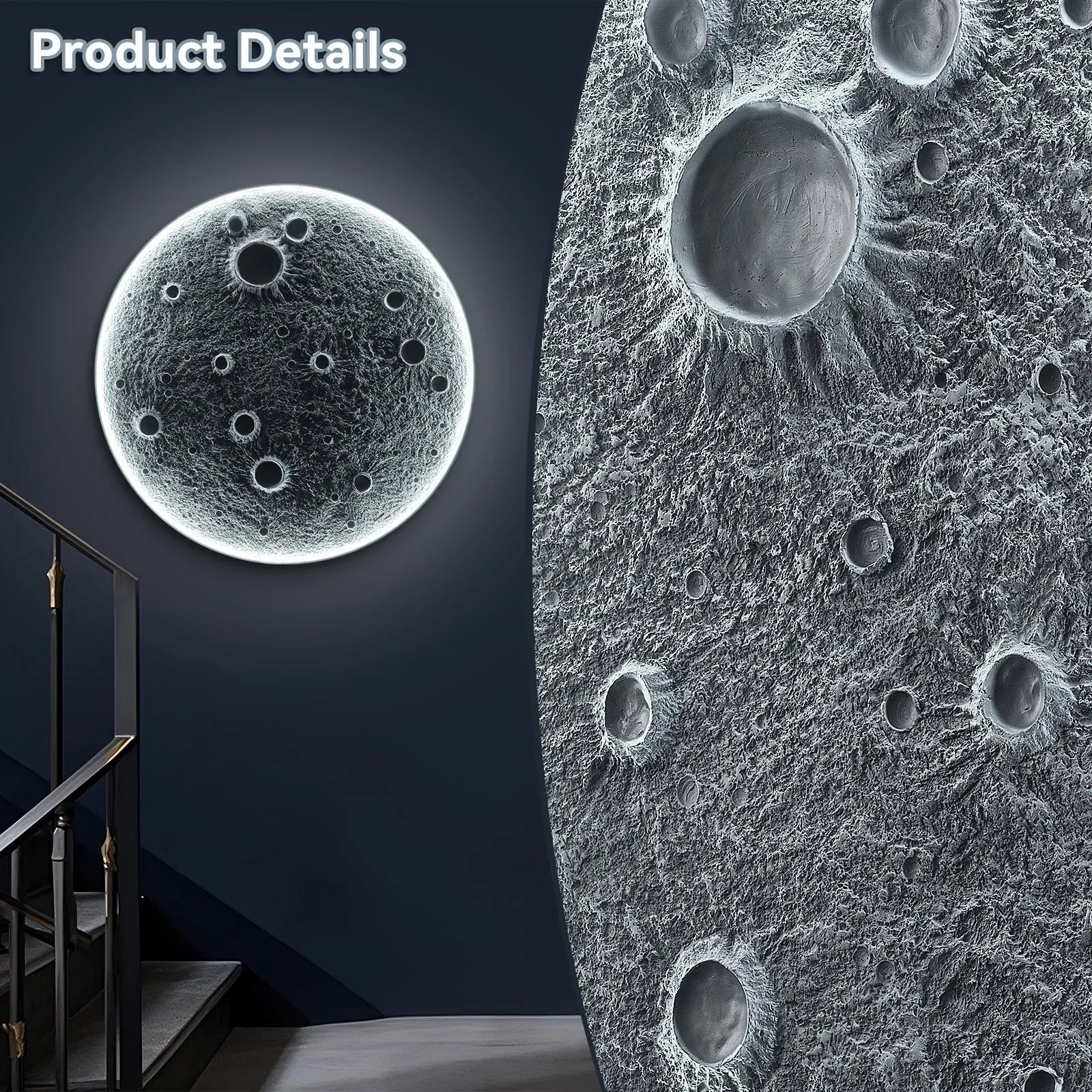 32-Inch Realistic Resin Moon Wall Light – Plug-In Dimmable LED Moon Sconce with Remote Control, 30 W Main & 10 W Night Light, Meteorite Crater – view 5