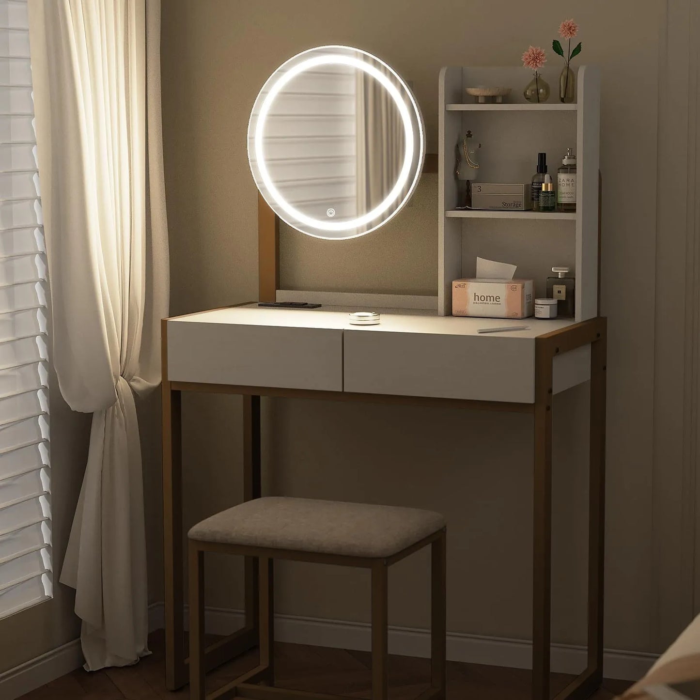 Small Vanity Desk with Mirror and Lights, Makeup Vanity Table with LED Mirror, 3 Lighting Modes, Power Outlet, Drawer, Open Shelves and Cushioned – view 5