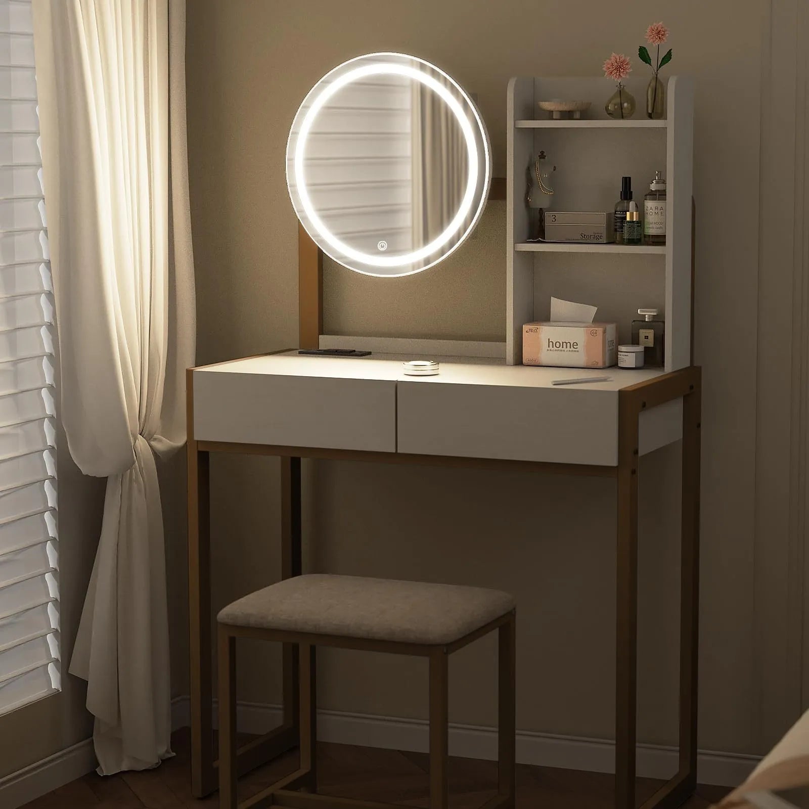 Small Vanity Desk with Mirror and Lights, Makeup Vanity Table with LED Mirror, 3 Lighting Modes, Power Outlet, Drawer, Open Shelves and Cushioned – view 5