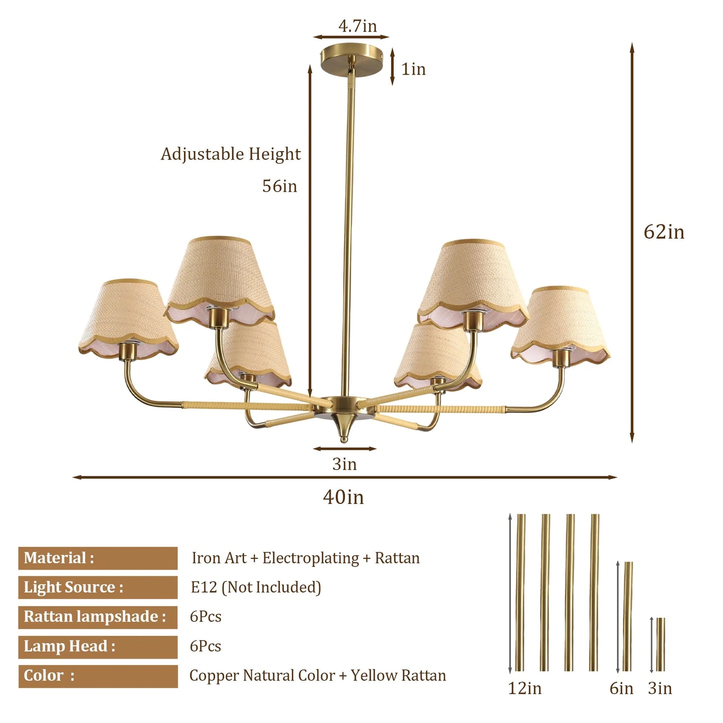 38' Gold 6-lamp Chandelier with Hand-Woven Rattan Lampshade, Mid-Century Hanging Pendant Light Fixture for Dining Room, Living Room, or Kitchen (Bulb – view 5