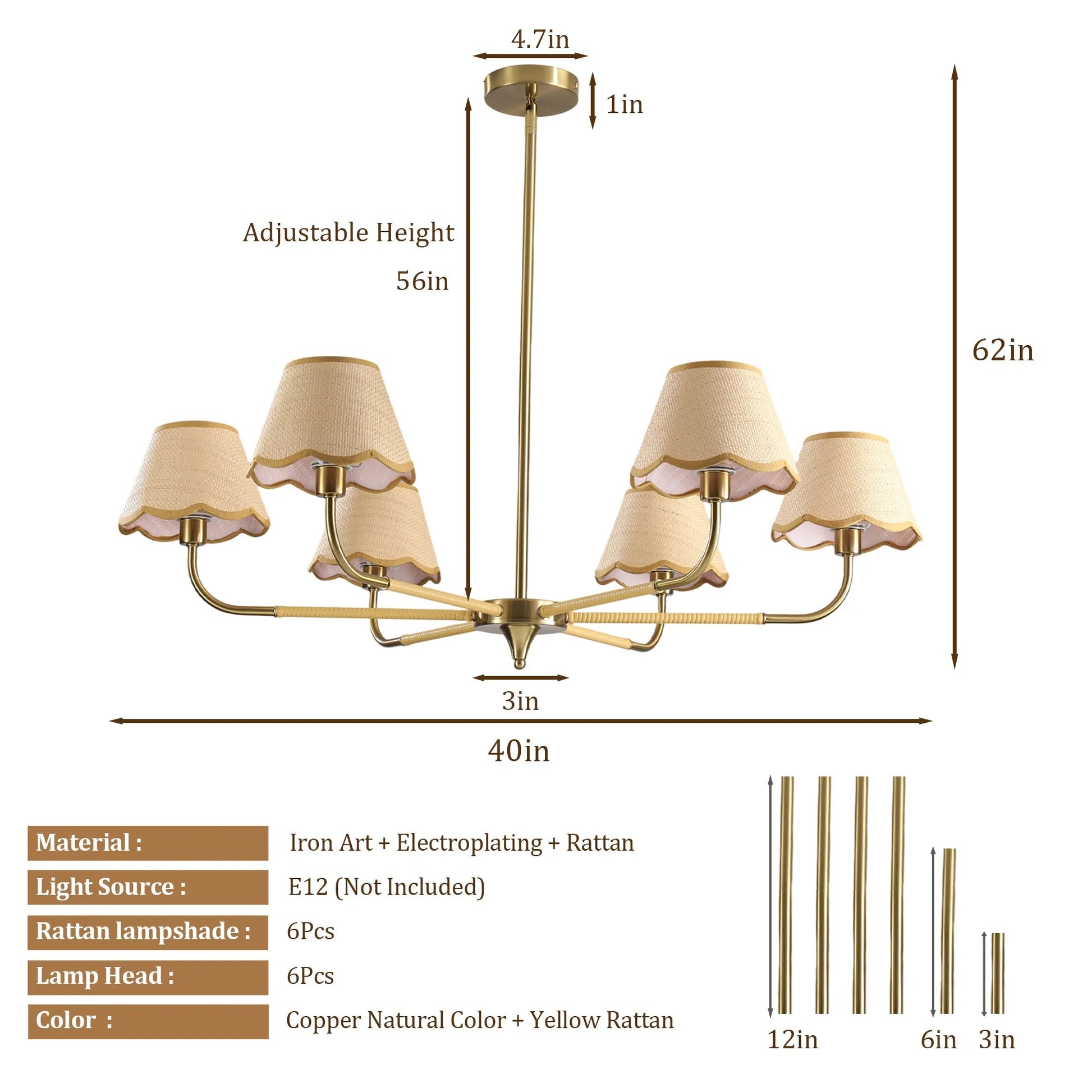 38' Gold 6-lamp Chandelier with Hand-Woven Rattan Lampshade, Mid-Century Hanging Pendant Light Fixture for Dining Room, Living Room, or Kitchen (Bulb – view 5