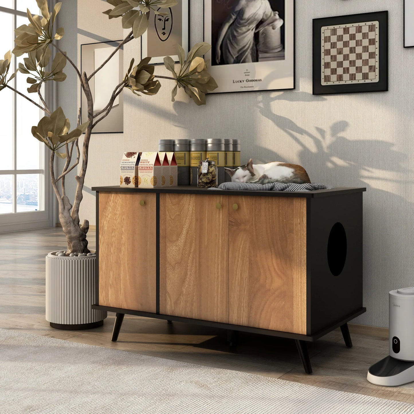 Litter Box Enclosure, Cat Litter Box Furniture with Hidden Plug, 3 Doors,Indoor Cat Washroom Storage Bench Side Table Cat House, Large Wooden – view 5