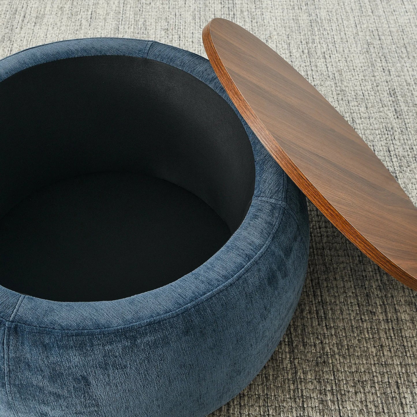 Dark Blue Round Storage Ottoman with 2 in 1 Function as End Table and Ottoman, Eucalyptus Wood and Foam, 25'x25'x14.7' – view 5