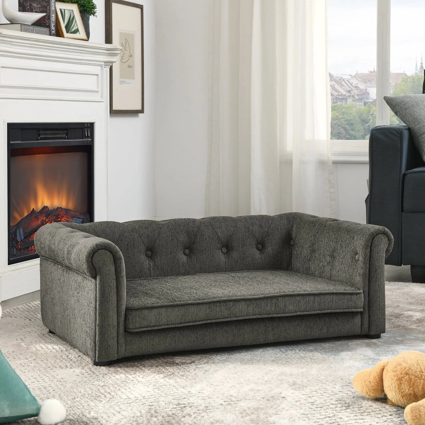 Modern Style Elegant Rectangle Pet Bed for Small and Medium Dogs, Durable Elevated Dog Sofa, Dark Grey Foam – view 5