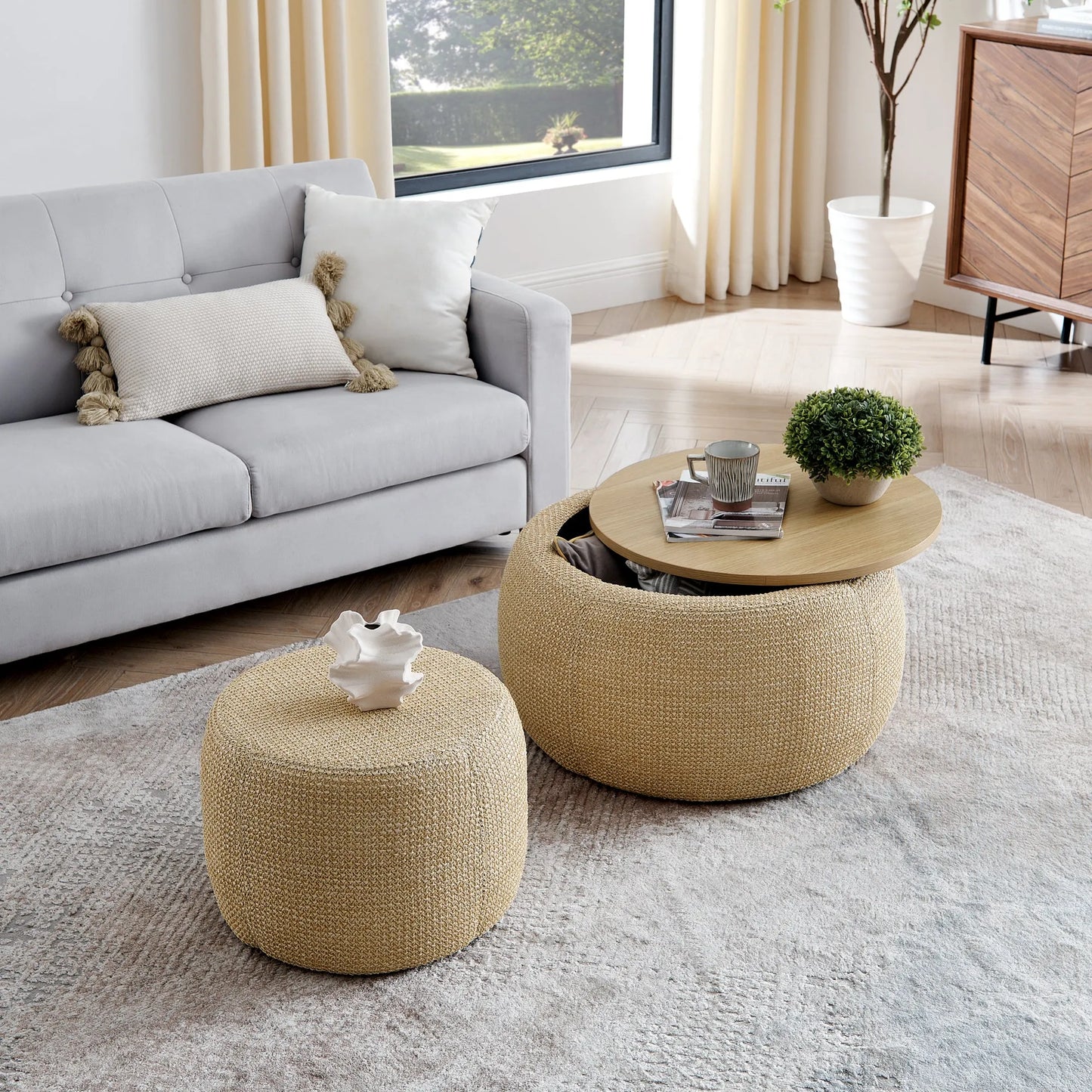Woven Rattan Fabric Round Storage Ottoman with 2-in-1 Function as End Table and Ottoman, Dark Yellow, 25'x25'x14.7' – view 5