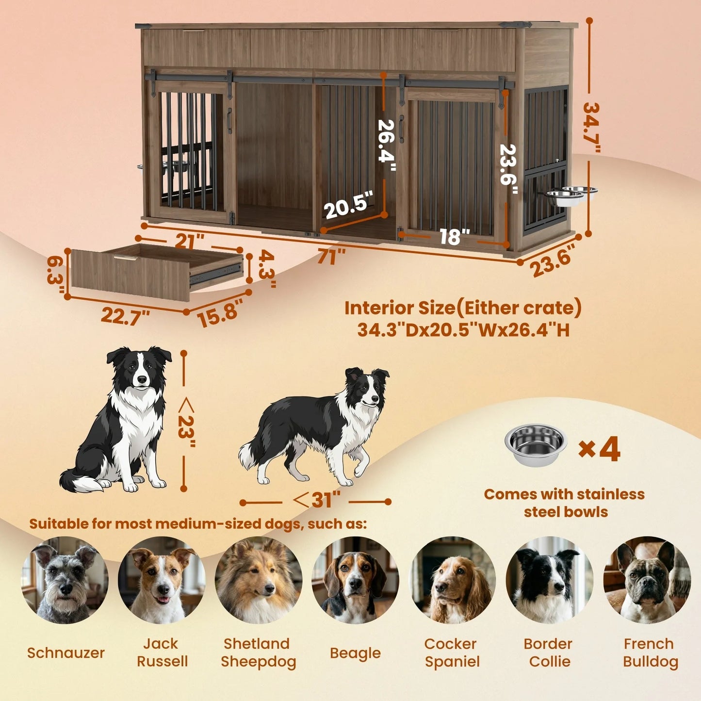 71'' Furniture Style Double Dog Crate with 3 Fluted Drawers and Waterproof Walnut Woodgrain Tabletop,Large Dog Kennel Furniture with Type-C Power – view 5