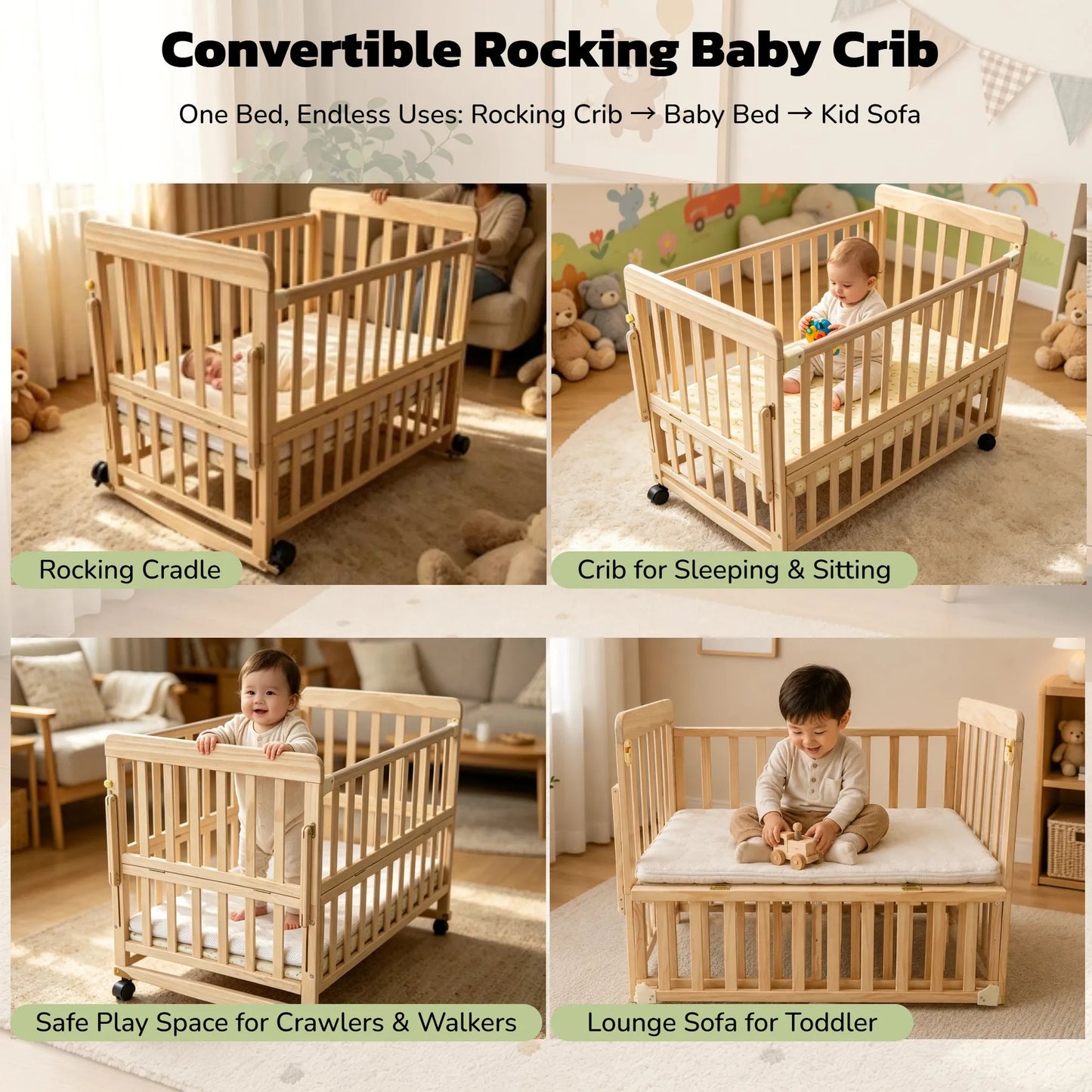 Solid Wood Baby Bassinets Wooden Bedside Bassinet Portable Extendable Mini Baby Crib 3 Adjustable Heights with Mattress for Newborns – view 5