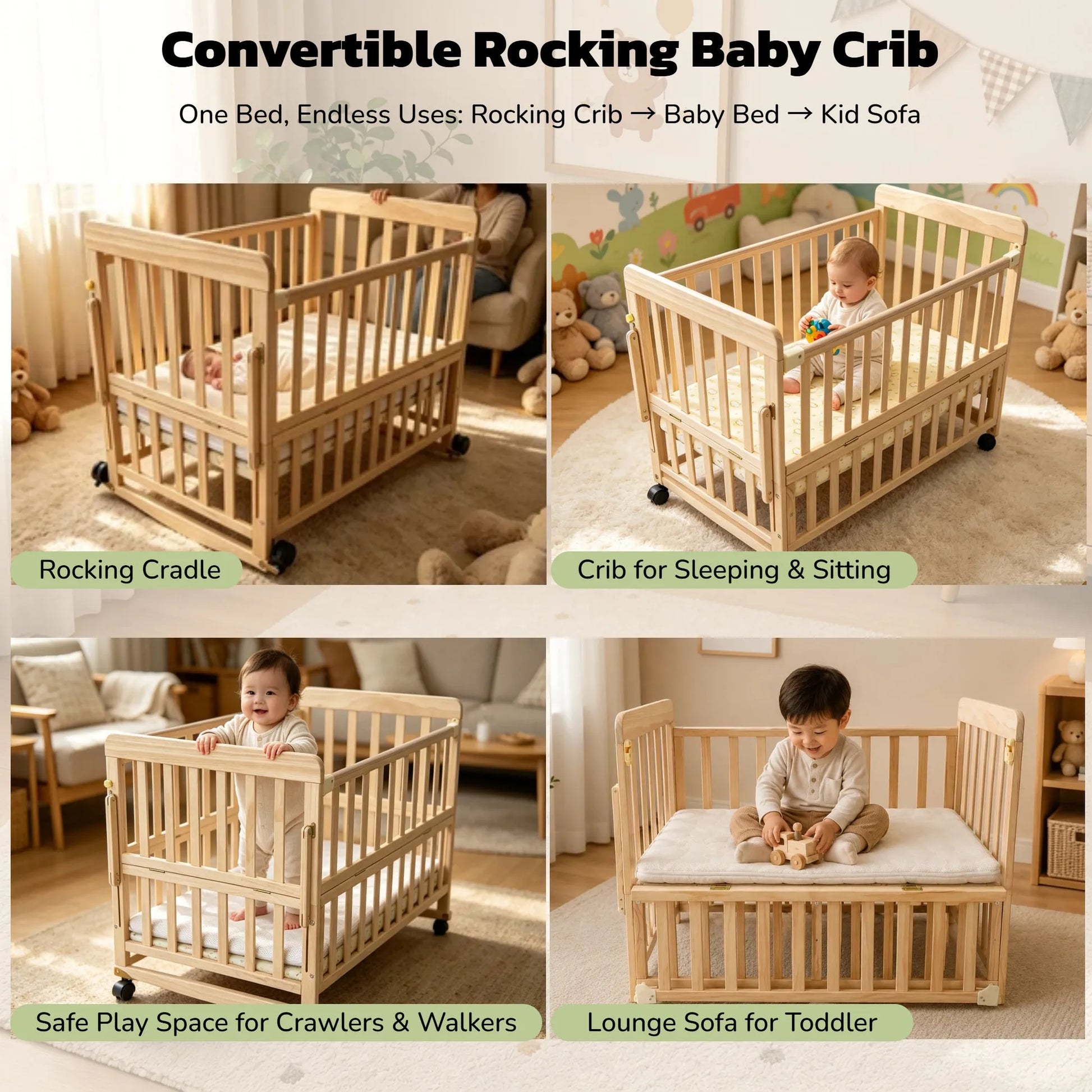 Solid Wood Baby Bassinets Wooden Bedside Bassinet Portable Extendable Mini Baby Crib 3 Adjustable Heights with Mattress for Newborns – view 5