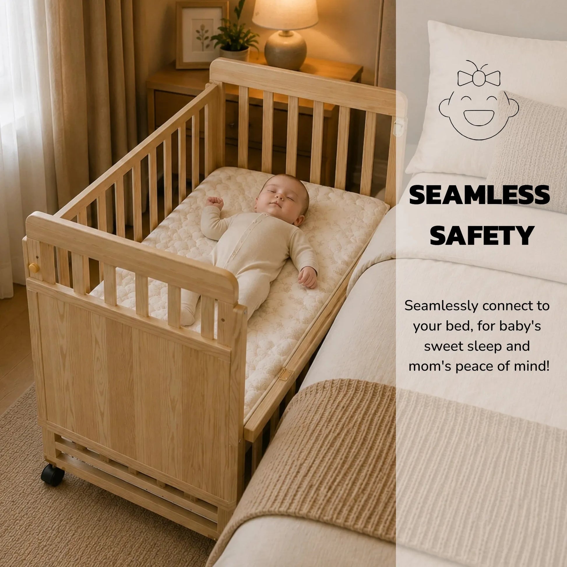 Solid Wood Baby Bassinets Wooden Bedside Bassinet Portable Mini Baby Crib 3 Adjustable Heights With Mattress and Changing Shelf for Newborns – view 5