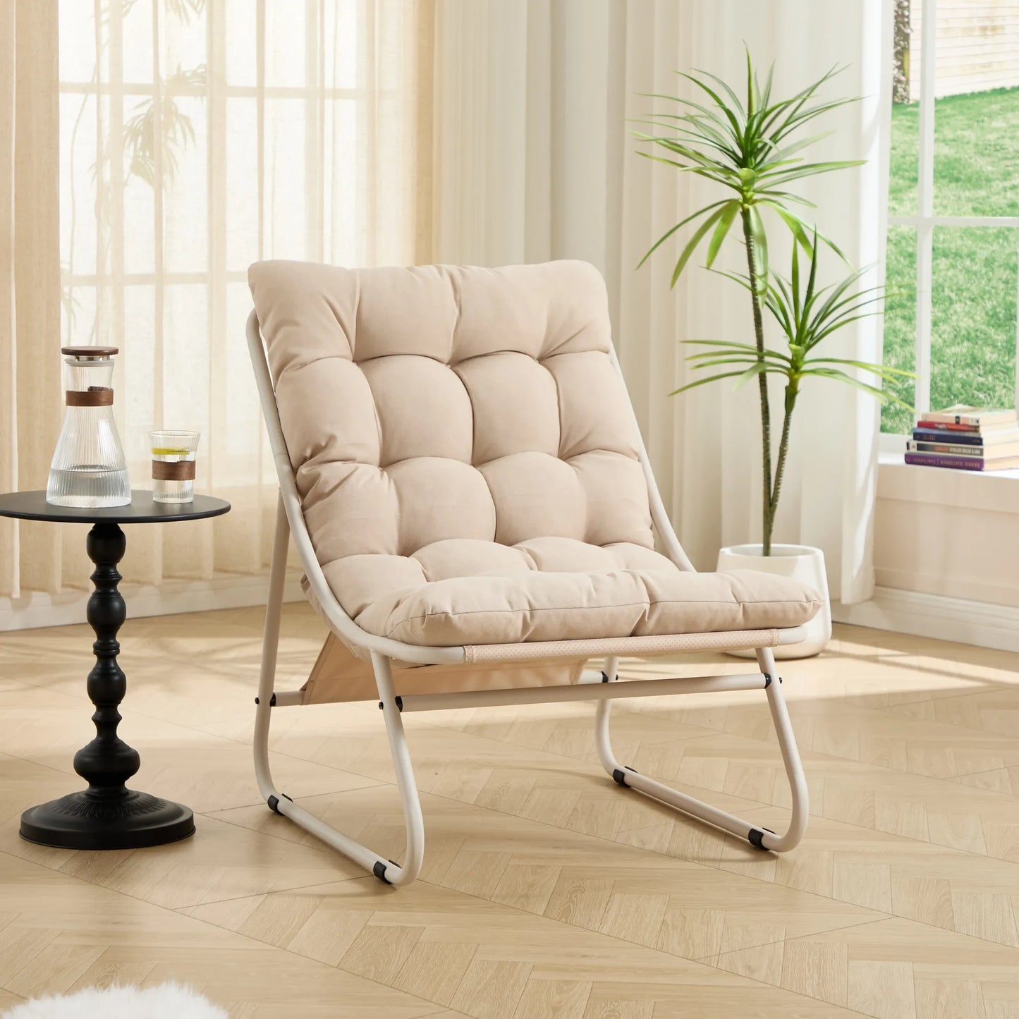 Patio Outdoor Lounge Chair with Ottoman, Comfy Sling Recliner Chair with Puffy Cushion and Foot Stool, Ideal for Living Room, Bedroom, Reading Room – view 5