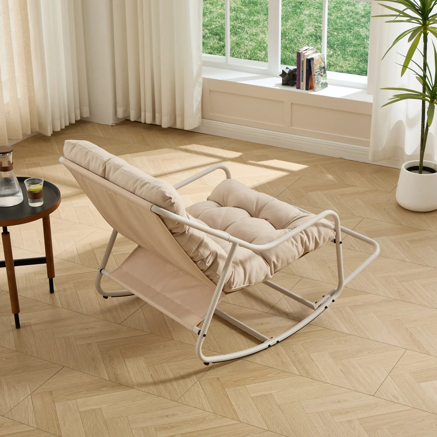 Outdoor Rocking Chair, Comfy Cushion, with Soft Thick Cushion,for Living Room, Bedroom, Reading Room, Beige Frame with Beige Cushion – view 5