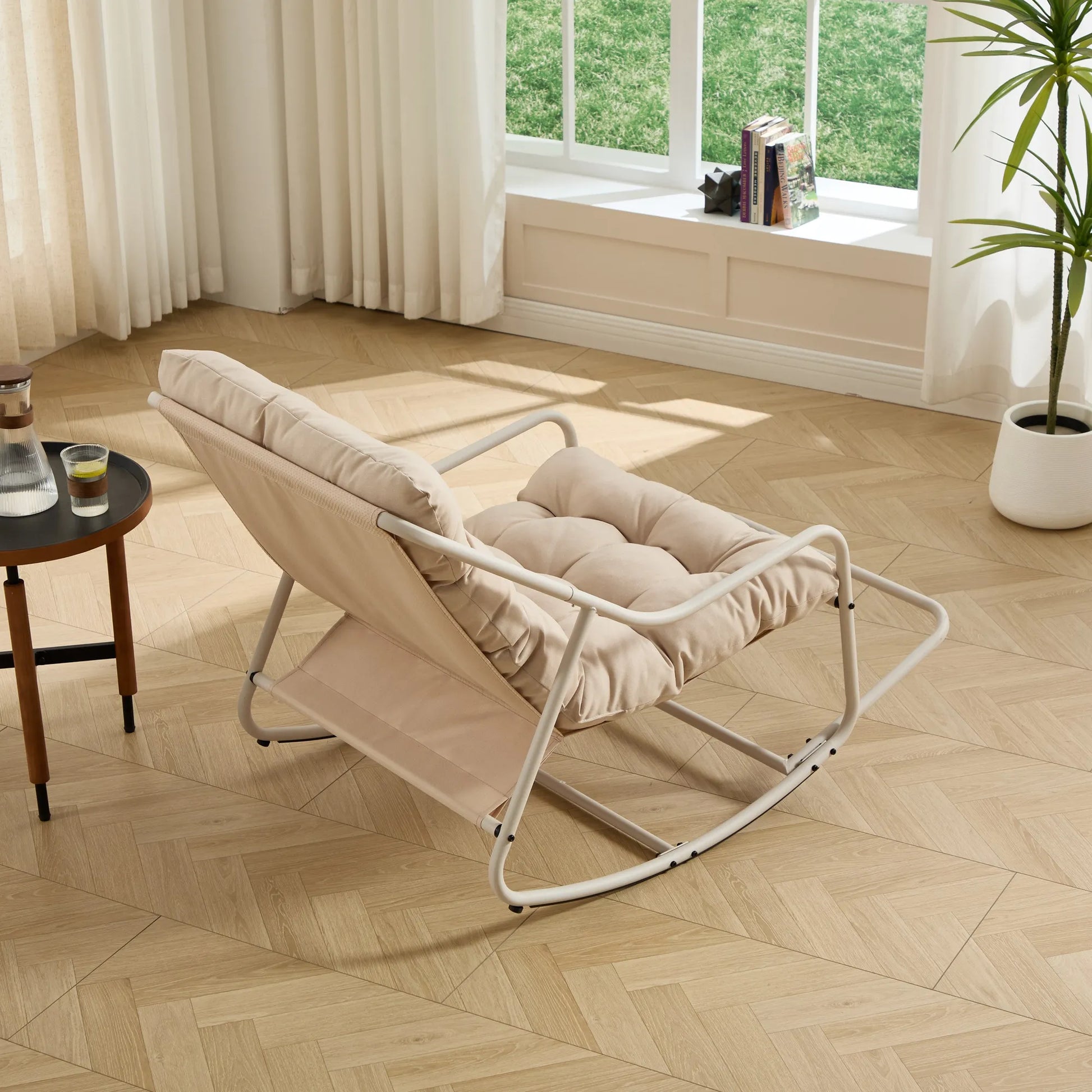 Outdoor Rocking Chair, Comfy Cushion, with Soft Thick Cushion,for Living Room, Bedroom, Reading Room, Beige Frame with Beige Cushion – view 5