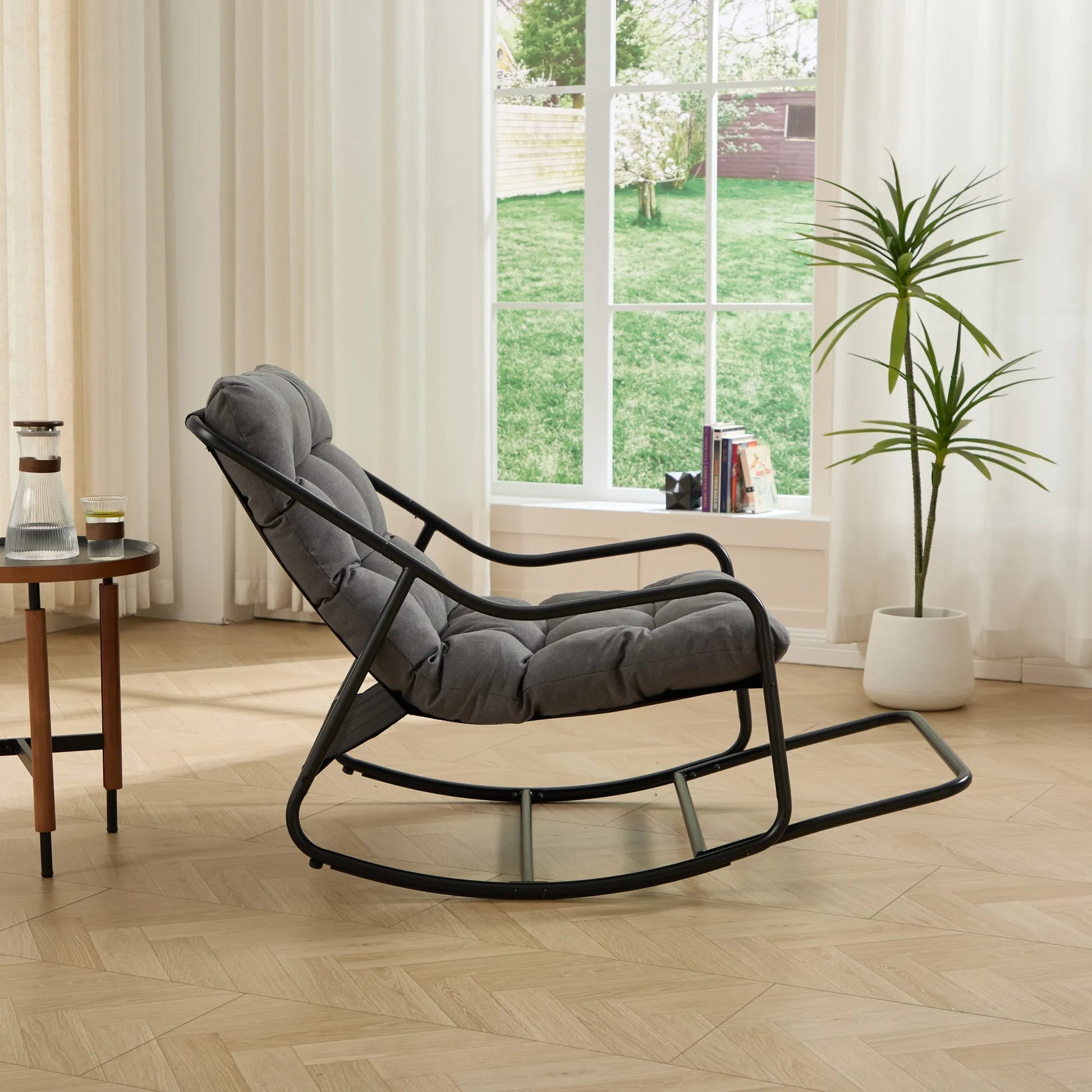 Outdoor Rocking Chair, Comfy Cushion, with Soft Thick Cushion,for Living Room, Bedroom, Reading Room, Black Frame with Grey Cushion – view 5