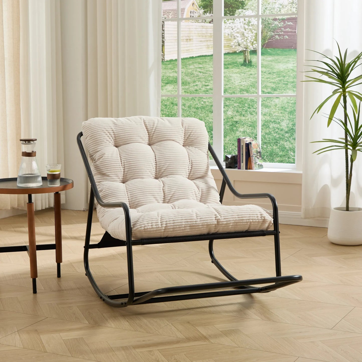 Outdoor Rocking Chair, Comfy Cushion, with Soft Thick Cushion,for Living Room, Bedroom, Reading Room, Black Frame with White Cushion – view 5