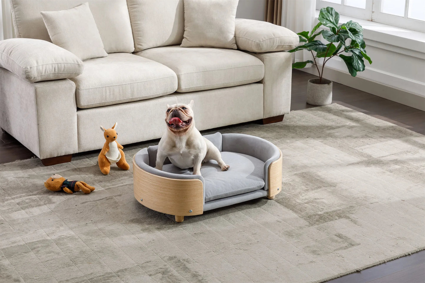 Scandinavian style Elevated Dog Bed Pet Sofa With Solid Wood legs and Bent Wood Back, Velvet Cushion,Mid Size Light Grey – view 5