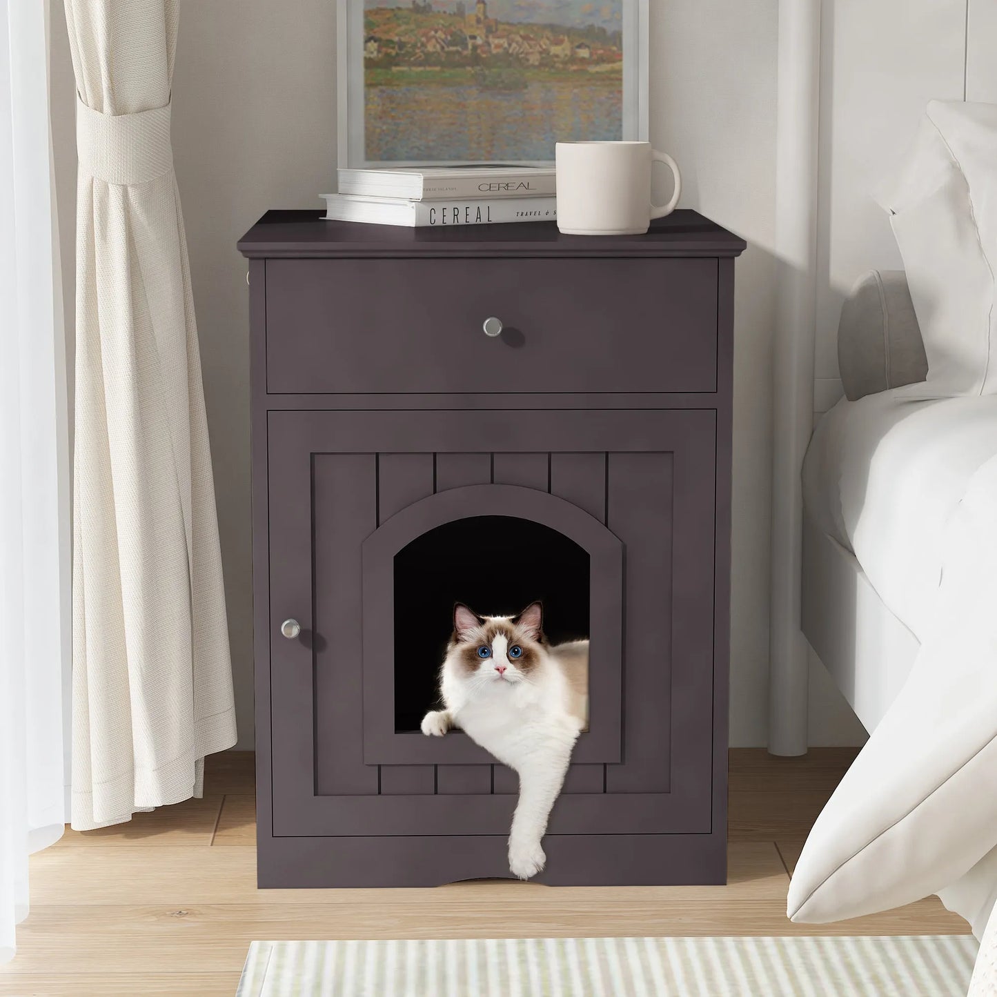 Brown Wooden Pet House Cat Litter Box Enclosure with Drawer, Side Table, Indoor Pet Crate, Cat Home Nightstand – view 5