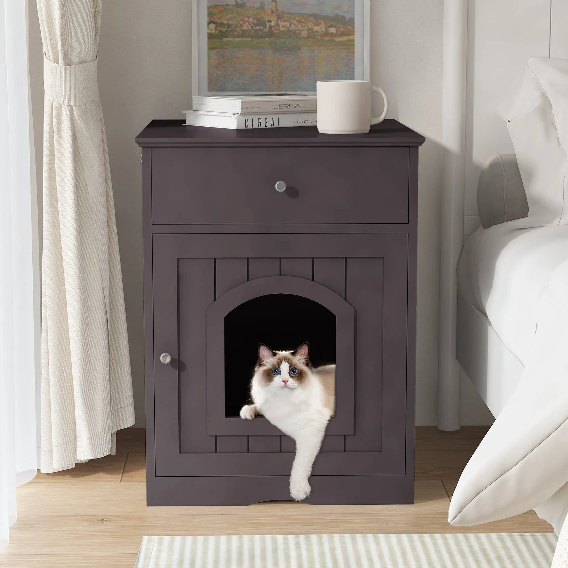 Brown Wooden Pet House Cat Litter Box Enclosure with Drawer, Side Table, Indoor Pet Crate, Cat Home Nightstand – view 5