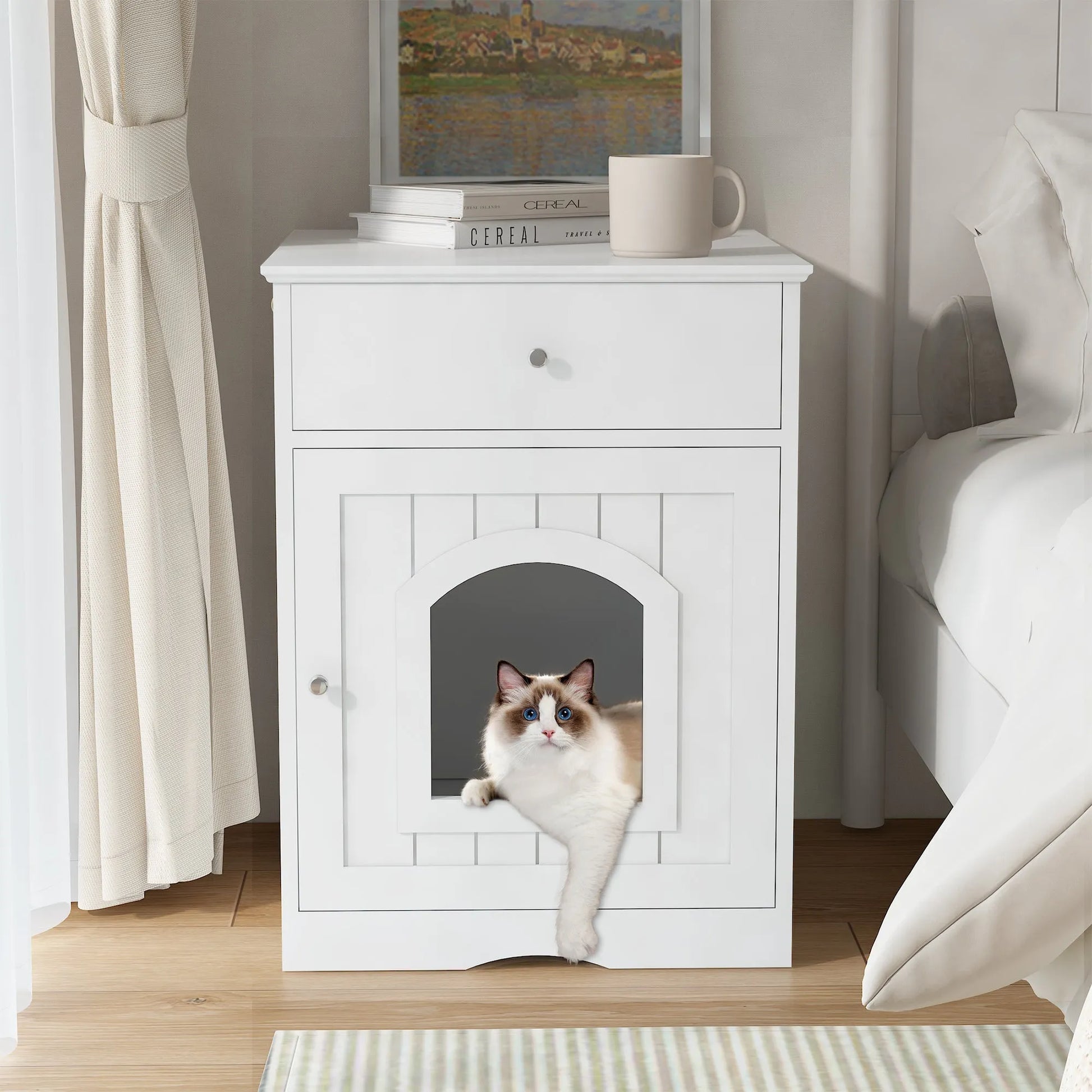 White Wooden Pet House Cat Litter Box Enclosure with Drawer and Side Table, Indoor Cat Home Nightstand for Small Cats, MDF Construction, 18.9'' W x – view 5
