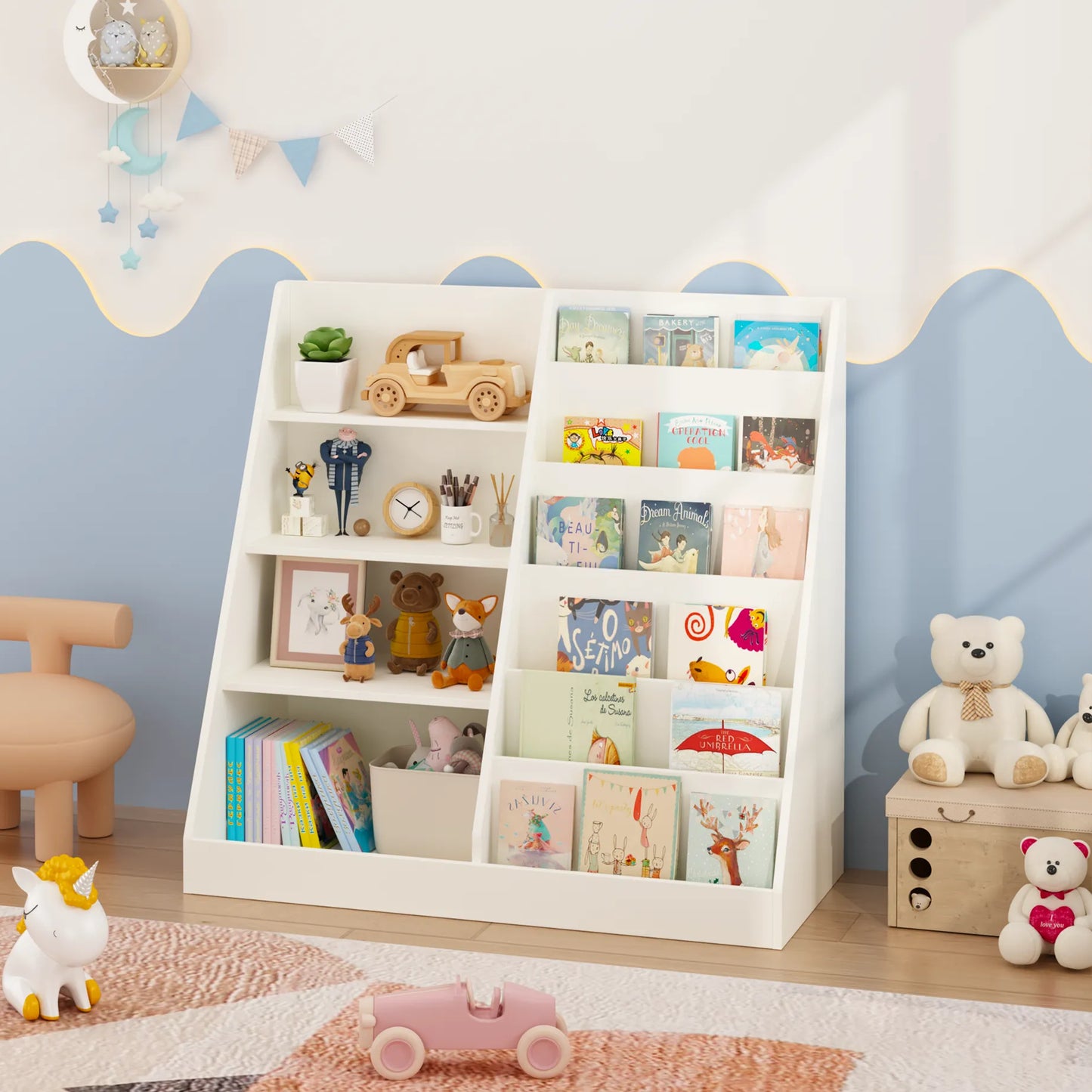 Kids Bookshelf and Toy Storage Organizer, Multifunctional 4-Tier White Wooden Bookcase with Toy Bin for Nursery, Playroom, or Kids Room – view 5
